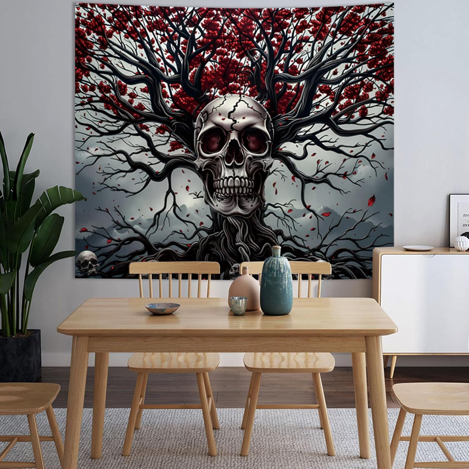 Apdidl Halloween Tree of Life Gothic Skull Tapestry for Bedroom Aesthetic, Black and White Goth Skeleton Tapestries, Dark Horror Ghost Rider Wall Decor Poster for Men Living Room Dorm (51"X60") image number 5