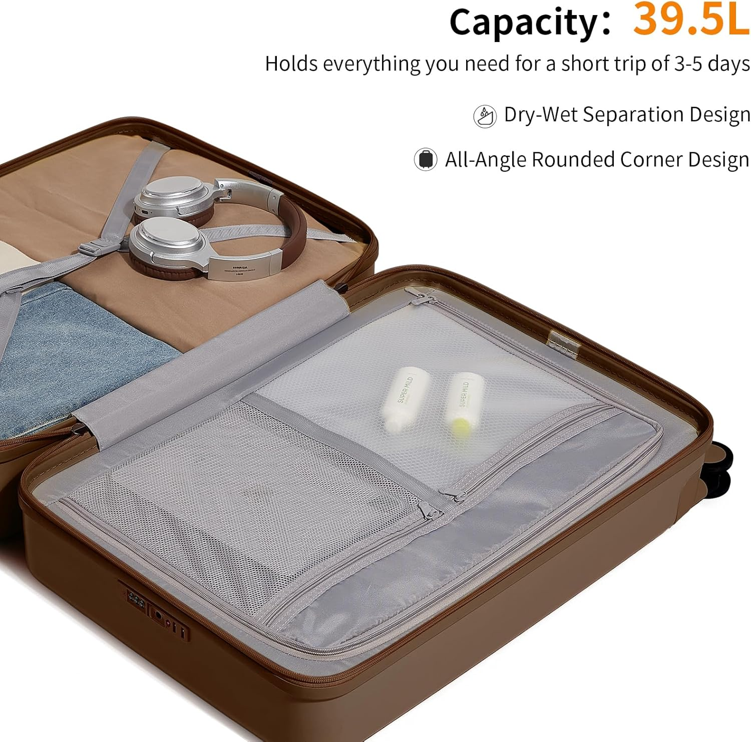 AJI Carry on Luggage 22X14X9 Airline Approved with 8 Spinner Wheels, 20 Inch Lightweight Luggage, 100% PC Hard Shell Travel Luggage Suitcases for Men Women (Chocolate Brown) image number 6