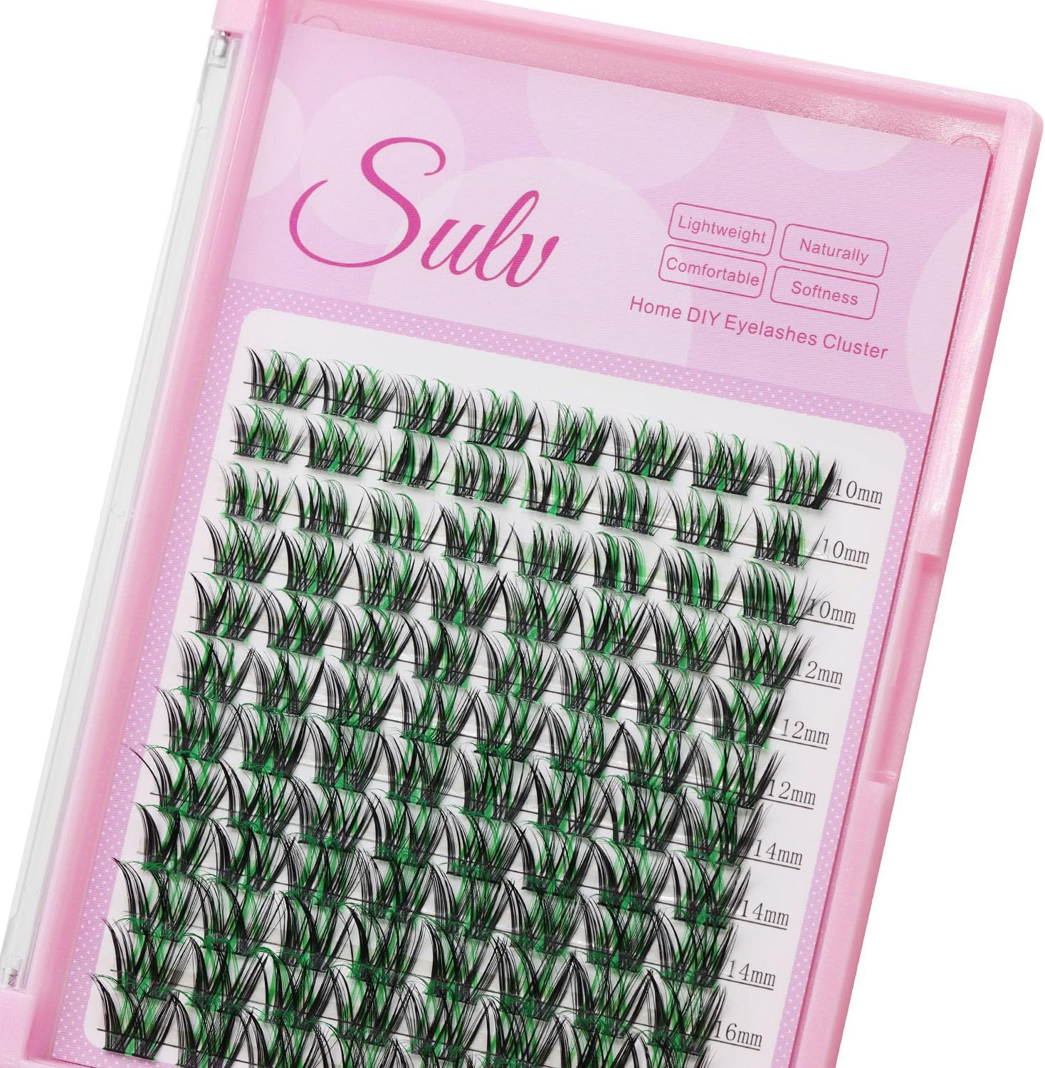 SULV Lashes Cluster D Curl Individual False Eyelash Extensions Cluster 96Cluster 10-18Mm to Choose Black Green Colors Eyelashes Cluster Professional Beauty Accessory DIY at Home (Wm005-12Mm) image number 1