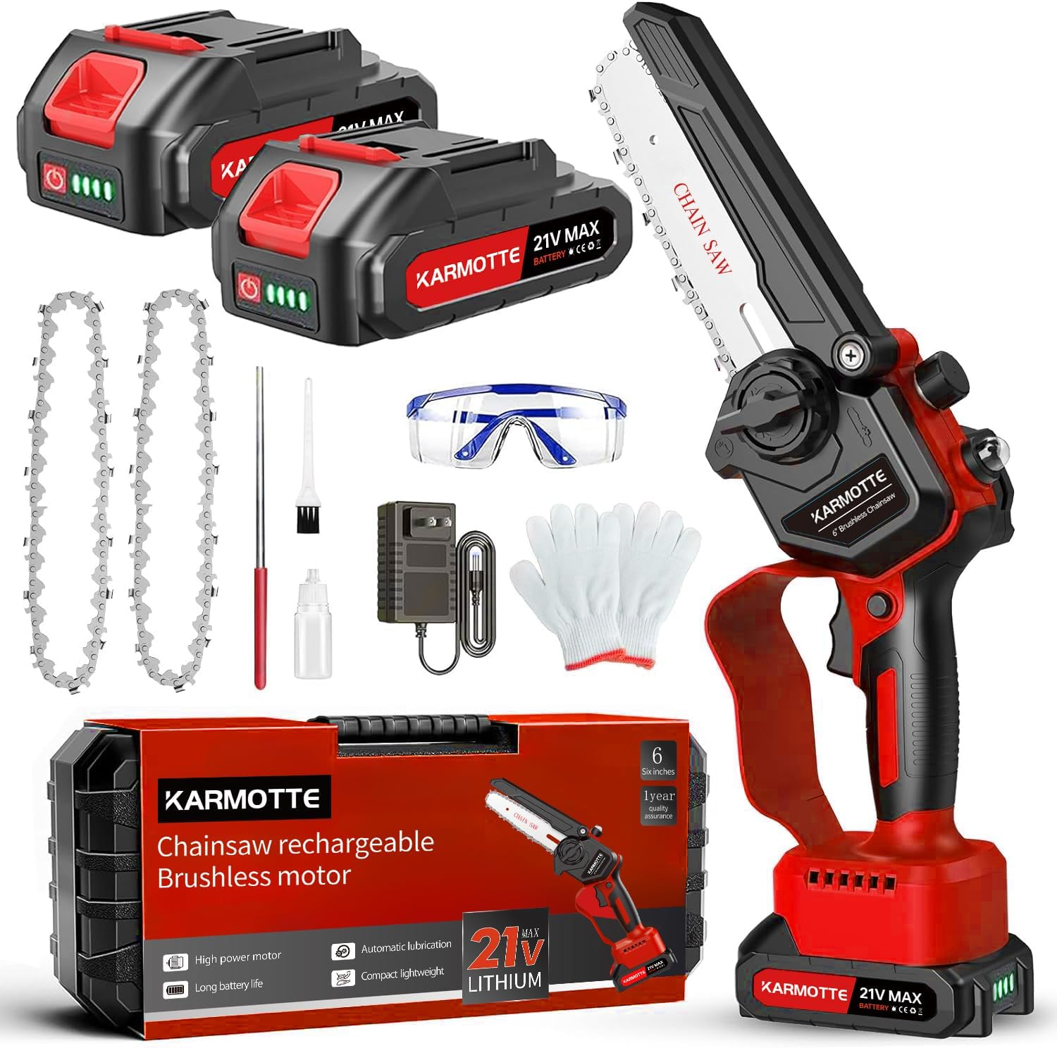 Mini Chainsaw 6-Inch Brushless with 2-Pack 2000Mah Batteries, Auto Oiler System, Toolless Adjustment Portable and Cordless for Wood Cutting Tree Trimming DIY Projects Gardening Camping (Crimson Red)