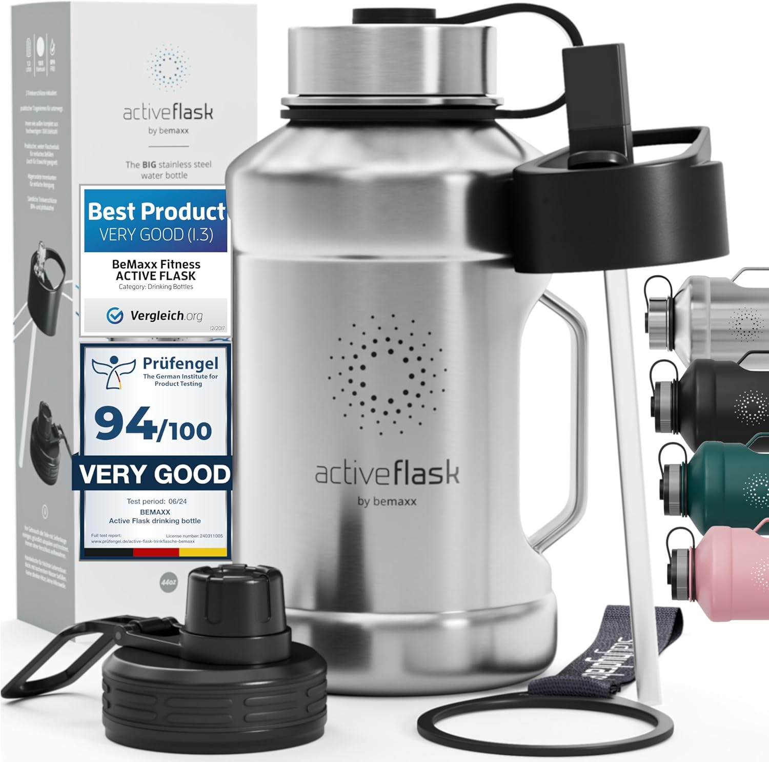 Leakproof Stainless Steel Water-Bottle ACTIVE FLASK + Straw (3 Lids) | Large 1.3/2.2 L Capacity Sports Container Bpa-Free, for Carbonated Drinks, 74 Oz XL Training Outdoor Fitness Water Bottle