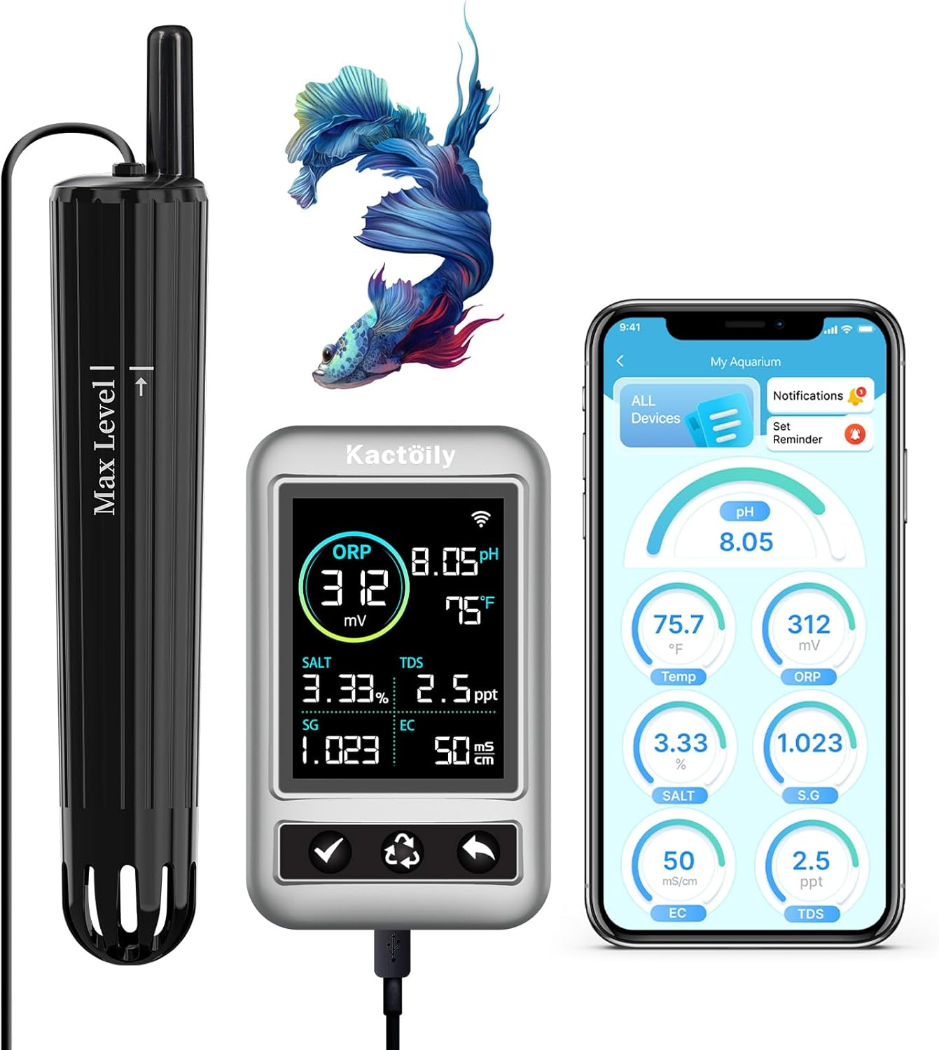 Kactoily Smart Aquarium Monitor, Multi-Parameter Fish Tank Water Tester for Ph, Salinity, SG, ORP, TDS, EC & Temp with Real-Time App Alerts