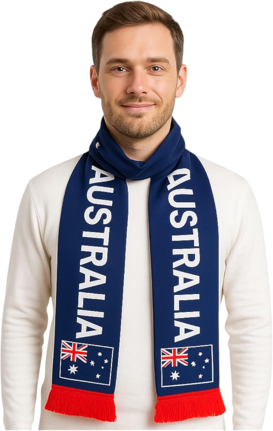 Australian Flag Scarf with Red Fringe &ndash; Blue Satin Australia Day Costume Accessory with Printed Flag and Text &ndash; Available in 1, 3, 5 or 10 Pack Sets for Events or Parties image number 4