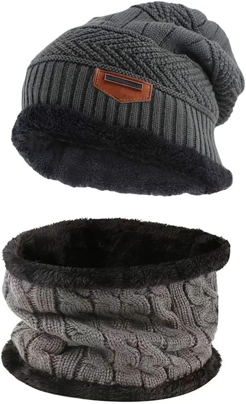 Aufondof 3 Pack Winter Knit Beanie Scarf Gloves Set for Men Thick Warm Sets Knitted Scarf Beanie Hat Touchscreen Gloves Neck Warmer with Fleece Lining