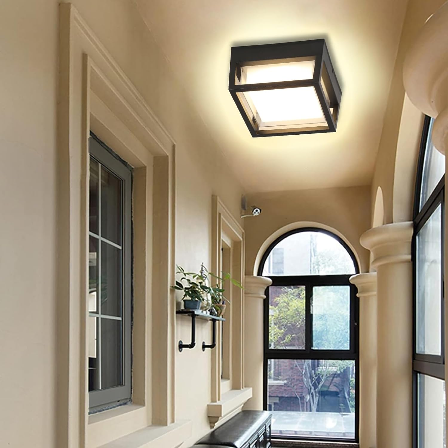 Square Ceiling Light Porch Light LED Flush Mount for Wall or Ceiling, Outdoor Wall Light for Patio Balcony Terrace, 3K Warm Light, 125W of Light, Matt Black Aluminum with PC Lens, Wet Location image number 1