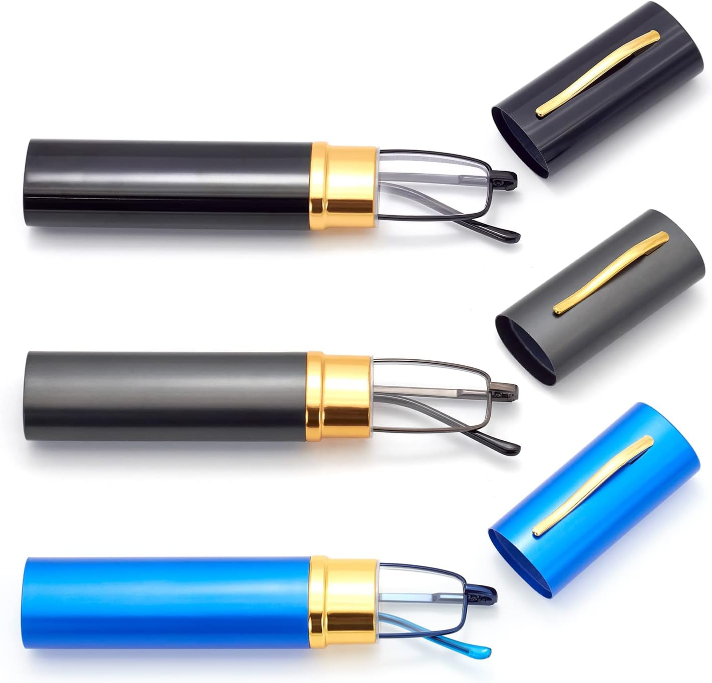 Metal Reading Glasses with Pen Clip Case, Slim Pocket Readers, Clear Lens for Women Men