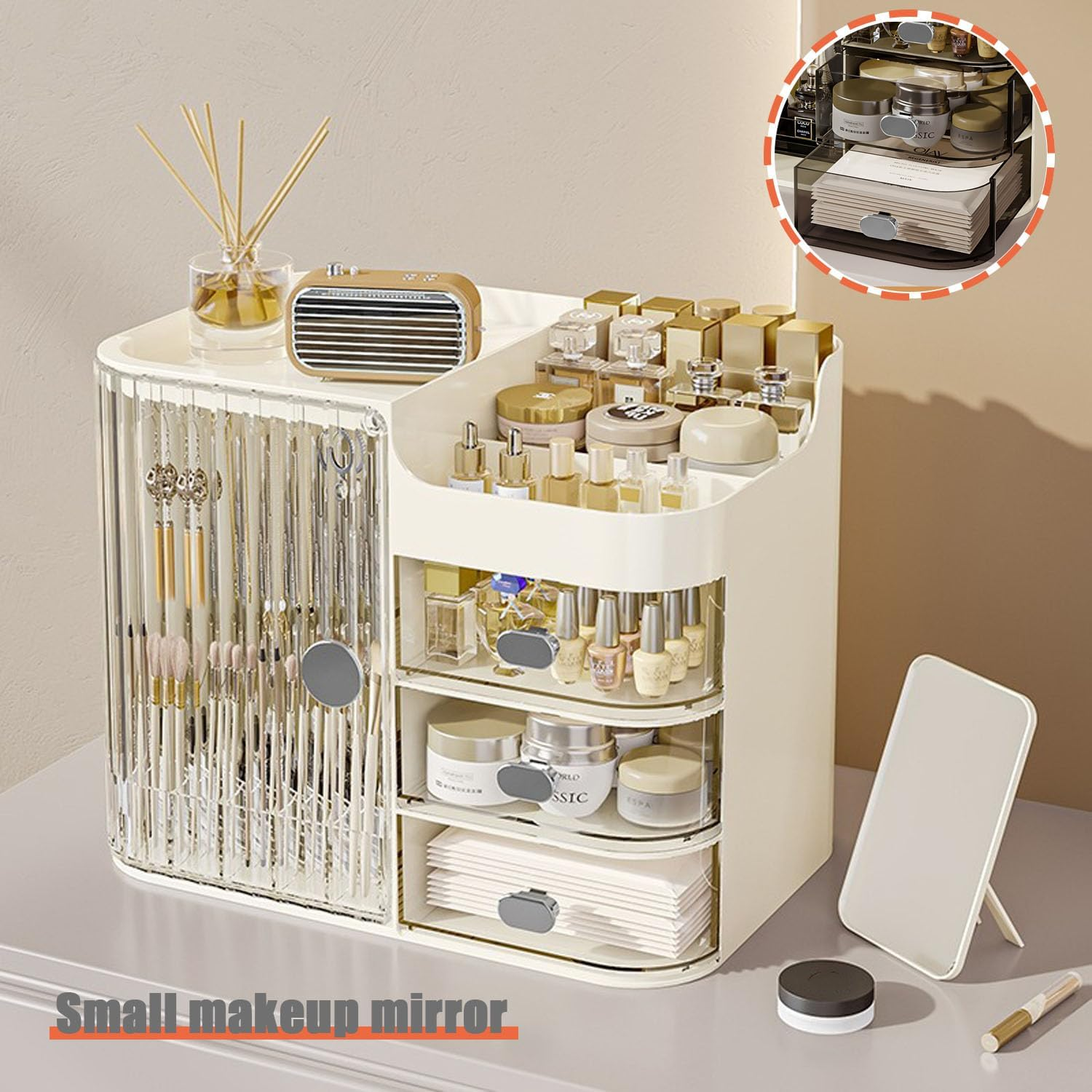 Shengsenfu Makeup Organizers for Vanity, Large Capacity Desk Organizers for Cosmetics with Drawers and Mirror, Cosmetics Display Case with Transparent Cover, Countertop Organizer for Vanity (White) image number 4