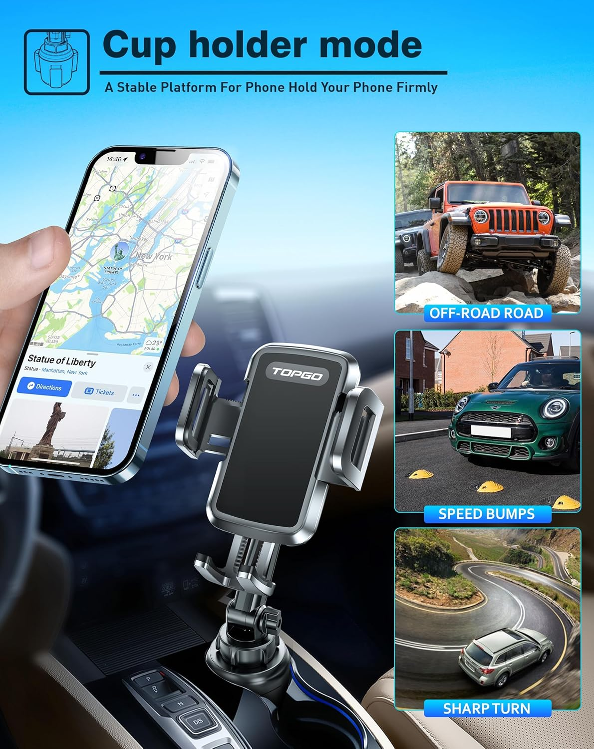 TOPGO TP-TD-03 Cup Holder Phone Holder, [No Shaking & Stable & Adjustable Pole] Car Cup Holder Phone Mount, Cell Phone Cradle for Iphone 14, Samsung and More Smart Phone(Black),11 Inch image number 1