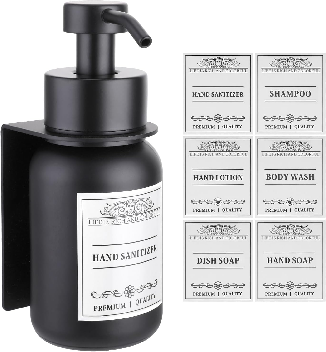 Glass Soap Dispenser with Pump and Wall Mount Holder,8.5 Oz Shampoo and Conditioner Dispenser with Waterproof Labels(Brown)