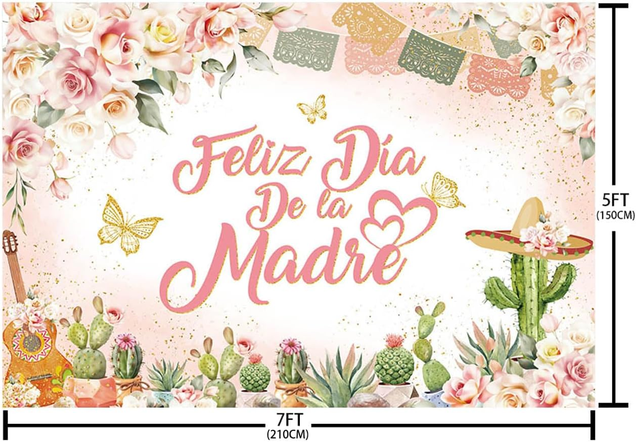 AIBIIN Feliz D&iacute;a De La Madre Backdrop Pastel Pink Floral Thank You Mom Party Decor Cactus Butterfly Best Mom Ever Party Banner Photo Props 7X5Ft