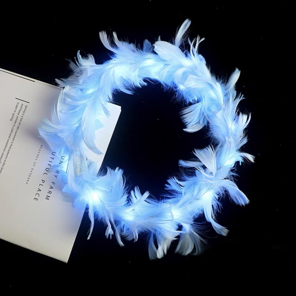 LEEMASING LED Feather Wreath Crown Headband Light-Up Angel Halo Headband for Wedding Christmas Halloween Valentine'S Day (Blue) - Colorful image number 6