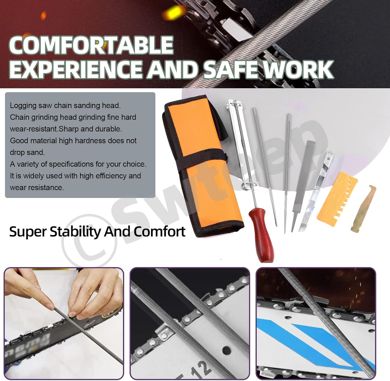 Swpeet 10Pcs Chainsaw Sharpener File Kit, round Files of 5/32, 3/16, 7/32 Inch, Flat File, Blade Filing Guide, Raker Tooth Depth Gauge, Wood Handle and Tool Pouch for Sharpen Chain Saw Teeth Blade image number 2