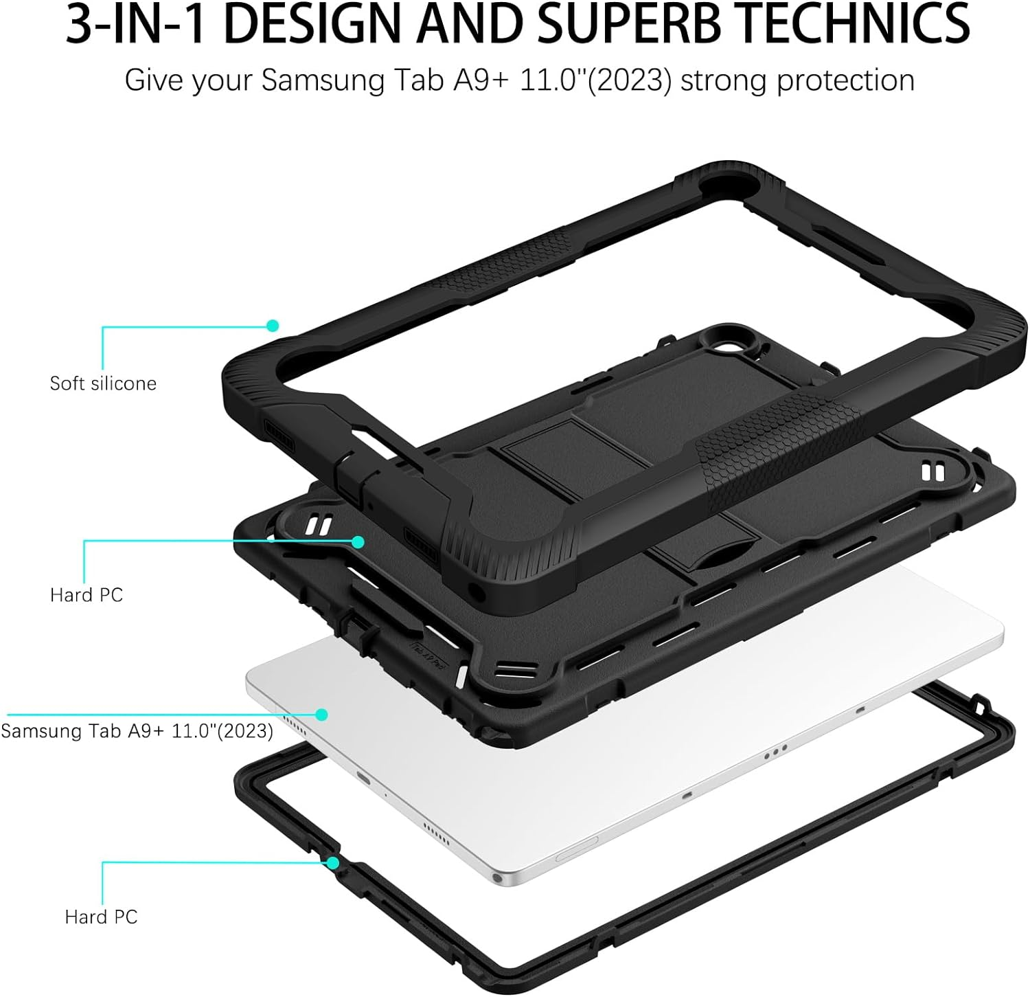 Gaobao for Samsung Galaxy Tab A9+ Case 11 Inch (2023)(SM-X210/X216/X218), Samsung Galaxy Tab A9+ Case for Kids, Full Body Protective Shockproof Tablet Case Cover with Adjustable Kickstand, Black - Pink image number 3