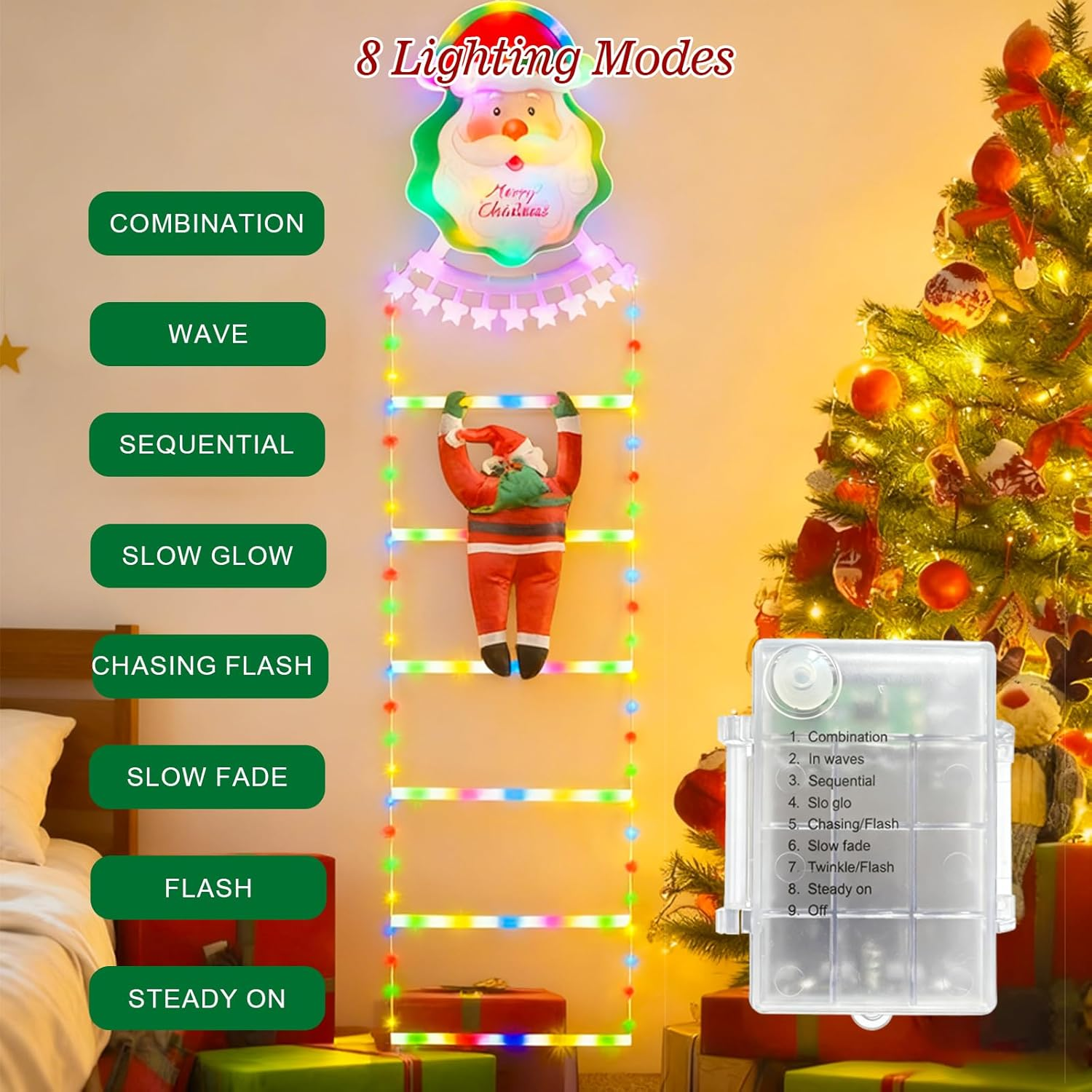 Quintrost LED Santa Claus Ladder Fairy Lights, 1.8 M Ladder Christmas Fairy Lights, Battery Operated, 8 Modes Christmas Lighting for Indoor Outdoor Christmas Tree Window Balcony Christmas Decoration image number 5