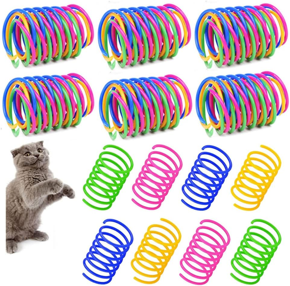 Wanfoou Pack of 100 Cat Toys, Interactive Toy for Cats, Toy Spiral Feathers Novelty Pet Toy Colourful Spiral Feathers Spring Spiral for Cats 4 Colours