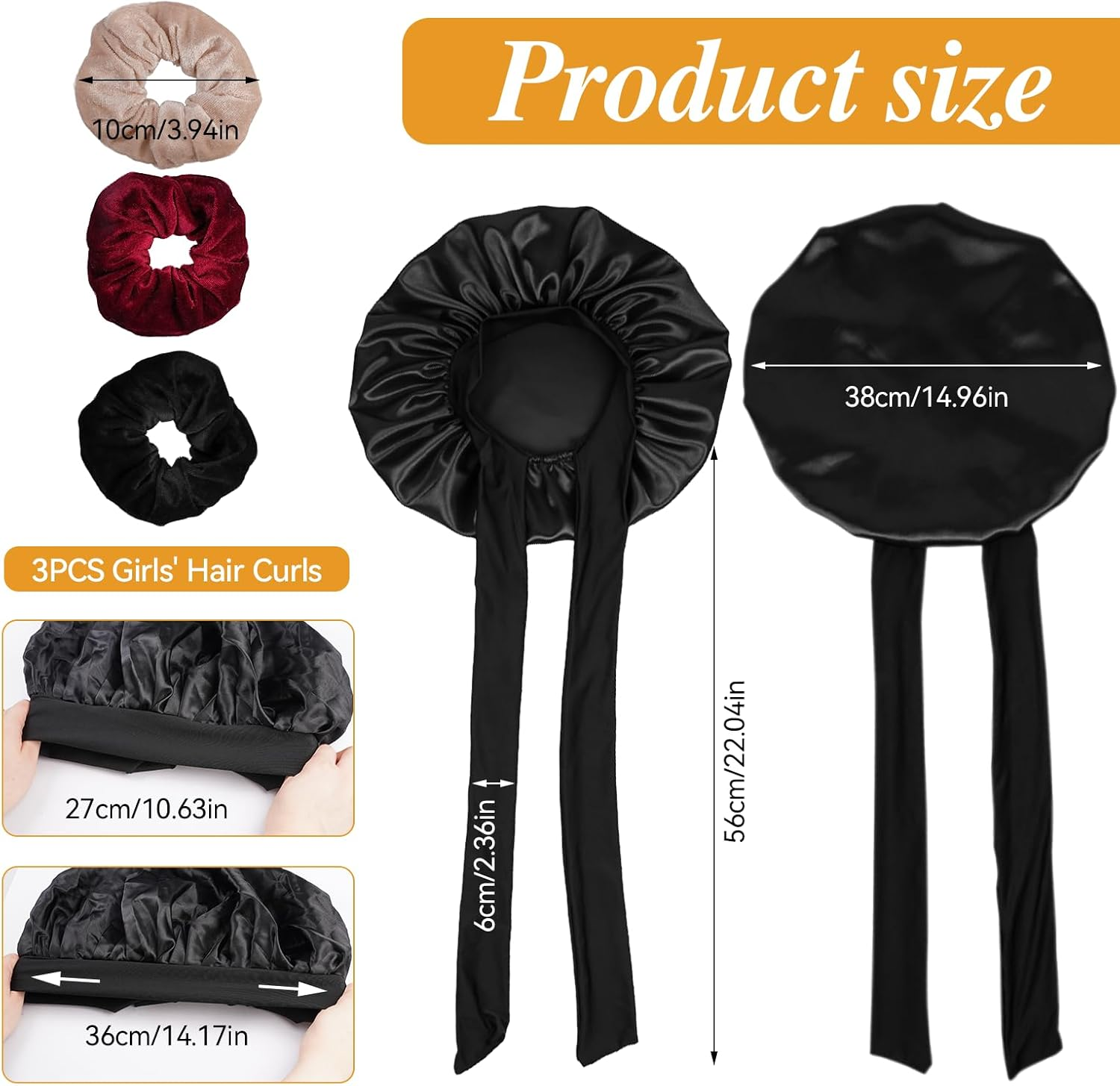 Bonnet Sleep Cap for the Night, Sleep Cap Hair with 3 Hair Elastics, Silk Sleep Cap with Elastic Band, Silk Hood for Sleeping Long Hair, Sleep Cap Silk Bonnet for Night Everyday (Black) image number 2