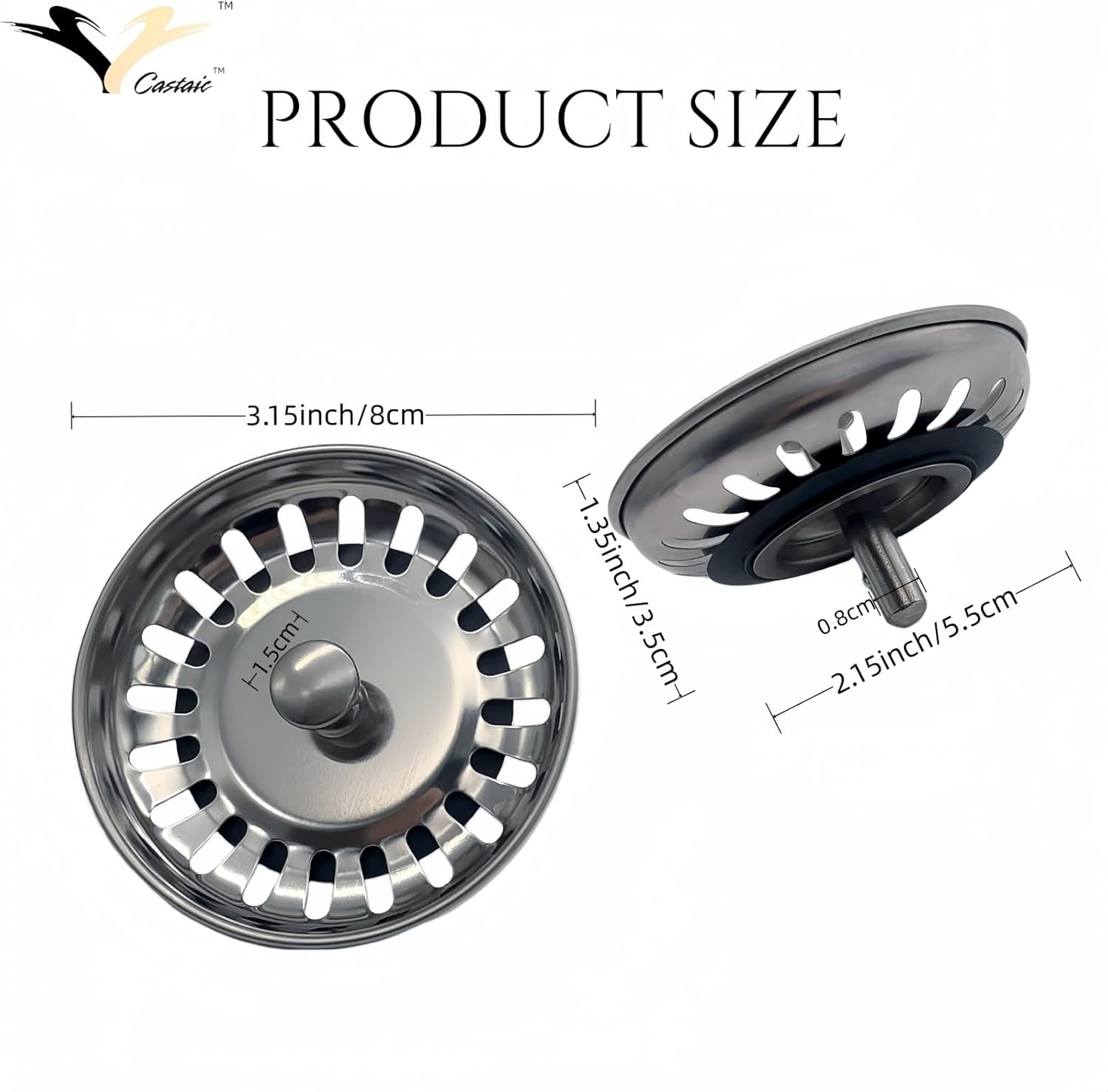 Castaic 2 Pcs Kitchen Sink Strainer Plug,Stainless Steel Kitchen Sink Stopper,Waste Plug Drain Stopper Basket Filte,Hole Diameter: 78Mm (Silver-2 Pack) image number 3