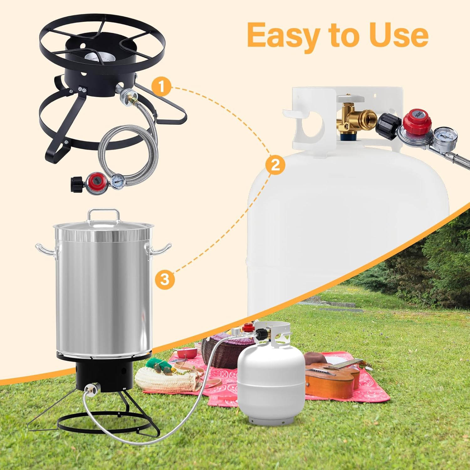 WADEO High Pressure Cast-Iron round Burner Head, Propane Burner Head with 30 PSI Adjustable High Pressure Propane Regulator with 4FT Stainless Braided Hose and Brass Fitting for Outdoor Cooking image number 4