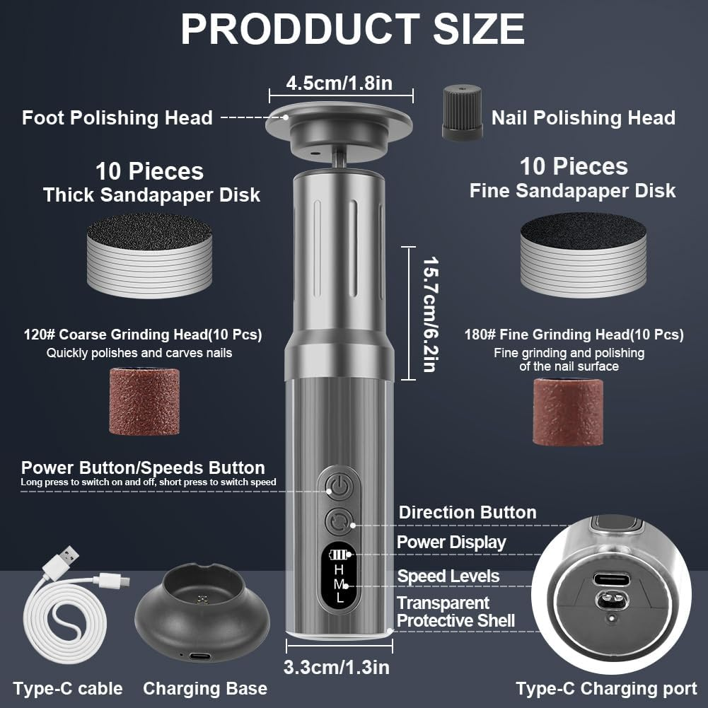 AOOWU Electric Callus Remover, 6 Adjustable Speed Pedicure, 2 in 1 Electric Foot Callus Remover with Foot Files and Nail Polisher, for Cracked Heels, Callus, Dead image number 2