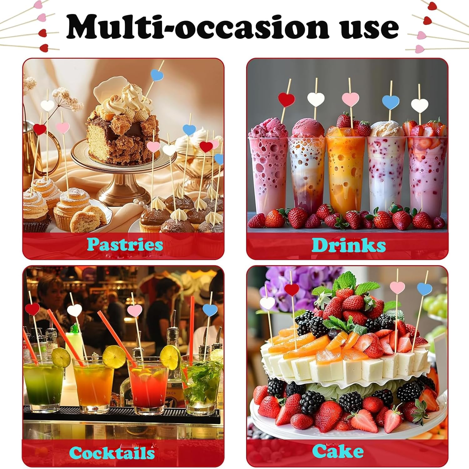 100PCS Colorful Heart-Shaped Fruit Sticks,4.7-Inch Cocktail Dessert Sandwich Skewers, Party Appetizer Drink Supply,Wedding Skewers,Valentine'S Day,Dessert,Deli,Party Snack Decoration（Chroma） image number 6
