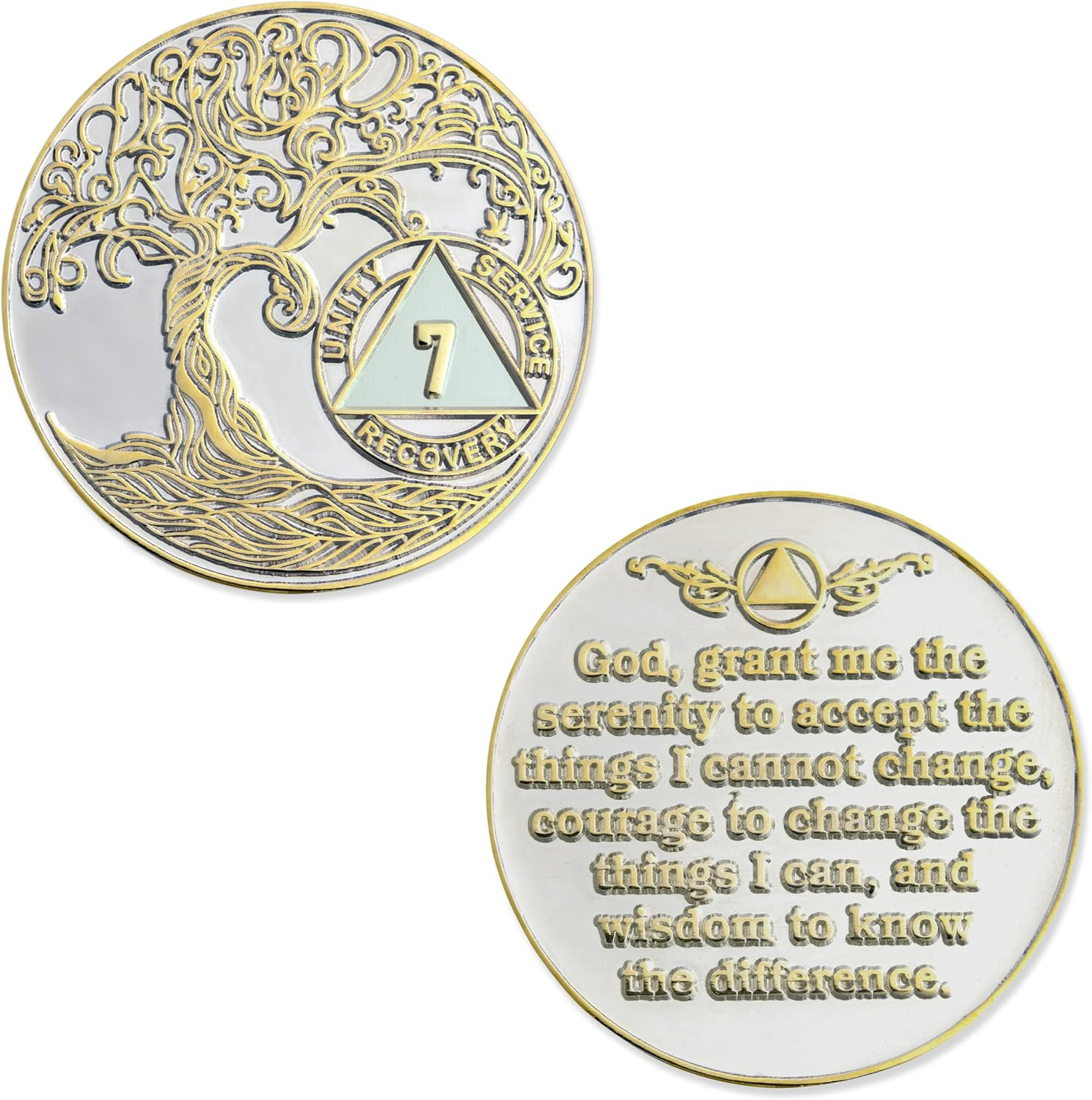 7 Year XL 40Mm Nickel & Gold Plated AA Coin - Sobriety Mint Twisted Tree of Life Recovery Medallion/Chip - Silver/Gold image number 4