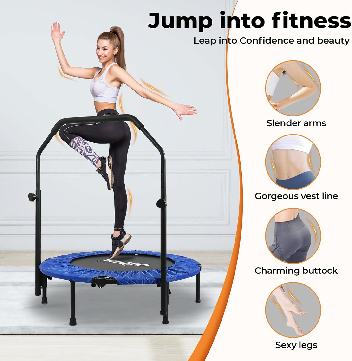 Centra 40" Foldable Mini Trampoline Rebounder,Fitness Trampolines with U Shape Adjustable Foam Handle, Stable Quiet Rebounder, Exercise Trampoline for Adults and Kids Indoor Garden image number 1