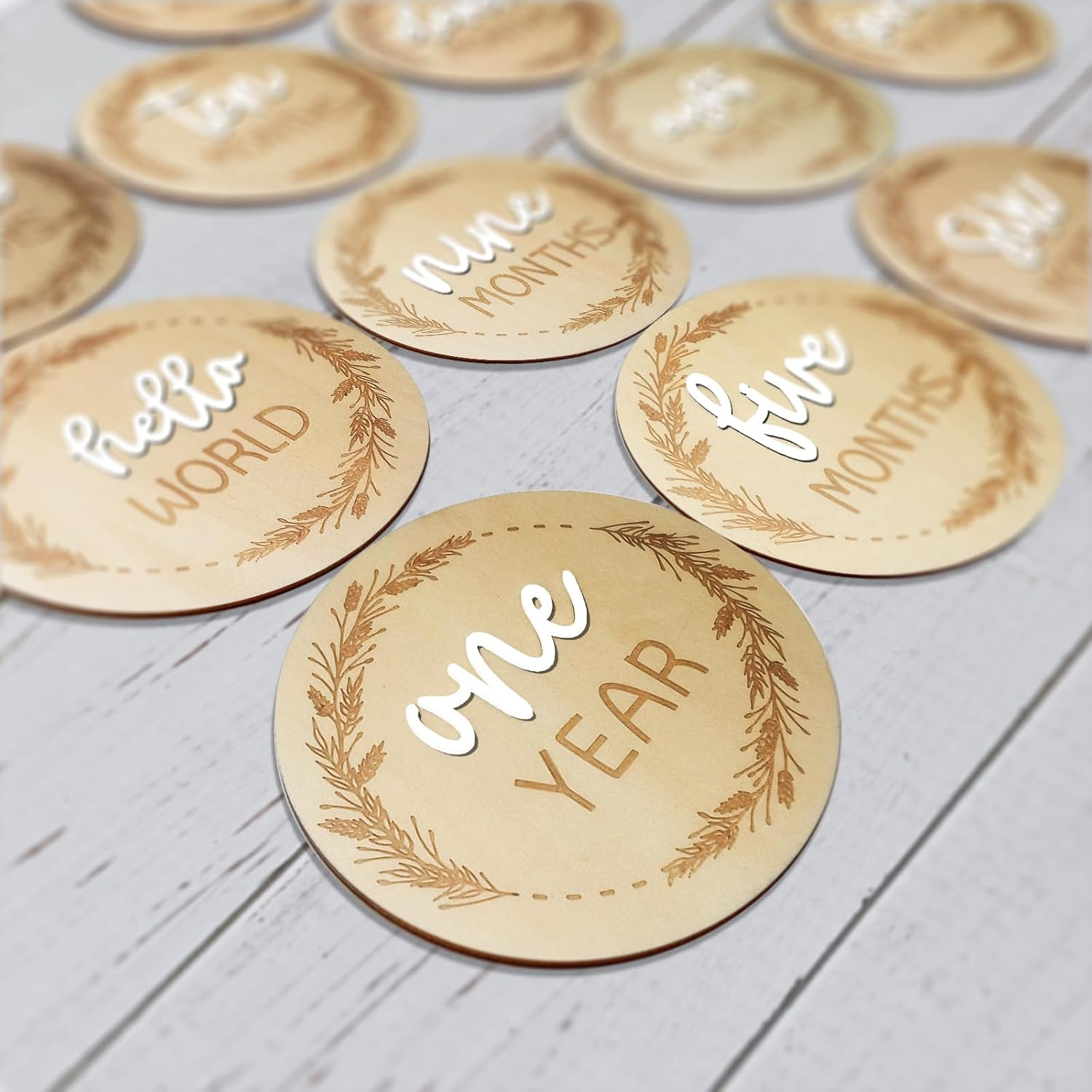 7 Pack Monthly Baby Milestone Discs &ndash; Double-Sided 3D Wooden &ldquo;Hello World&rdquo; Sign, 4" Signs for 1-12 Monthly Milestones & Announcement Props, Newborn Photography Keepsake Gift for Boys & Girls (White) image number 4