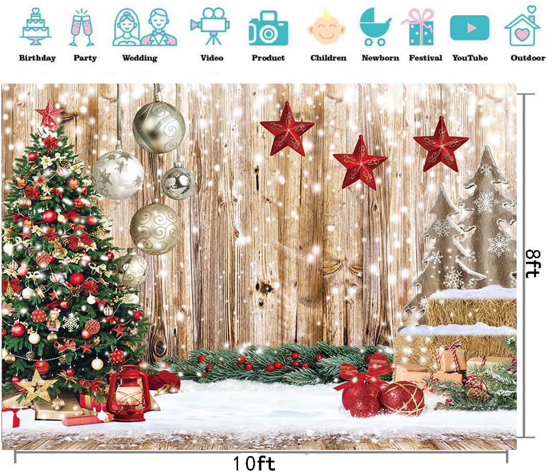 CYLYH 10X8FT Christmas Backdrop Rustic Wood Snow Backdrop Xmas Tree Gifts Background for Christmas Party Decoration Xmas Family Party Banner image number 1