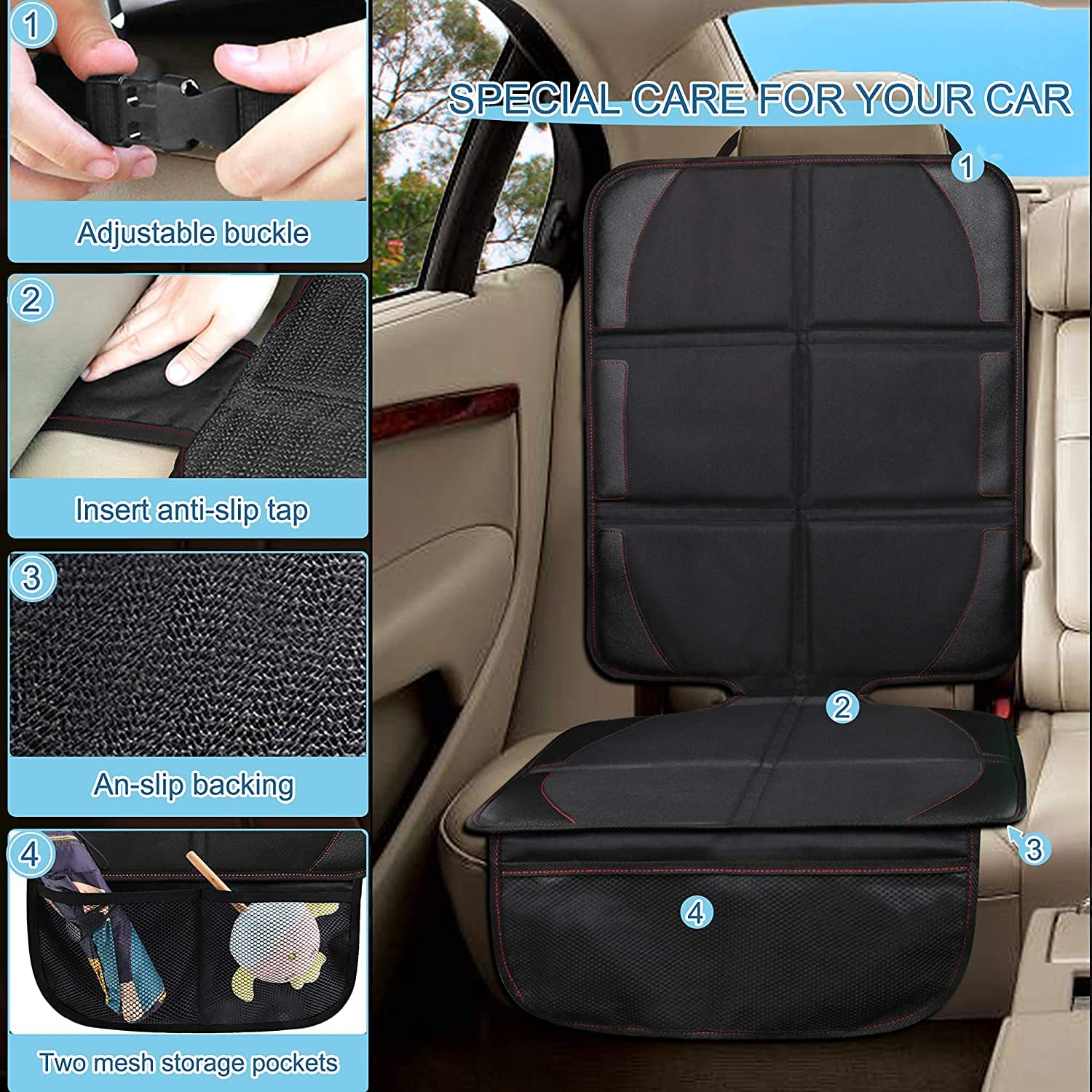 Car Seat Protector Cover for Child Seats COOSOO 2 Pack Child Car Seat Protector with Organizer Pockets Waterproof Baby Car Back Seat Protector Non-Slip Vehicle Seat Mat Protect Leather Car Seats image number 5