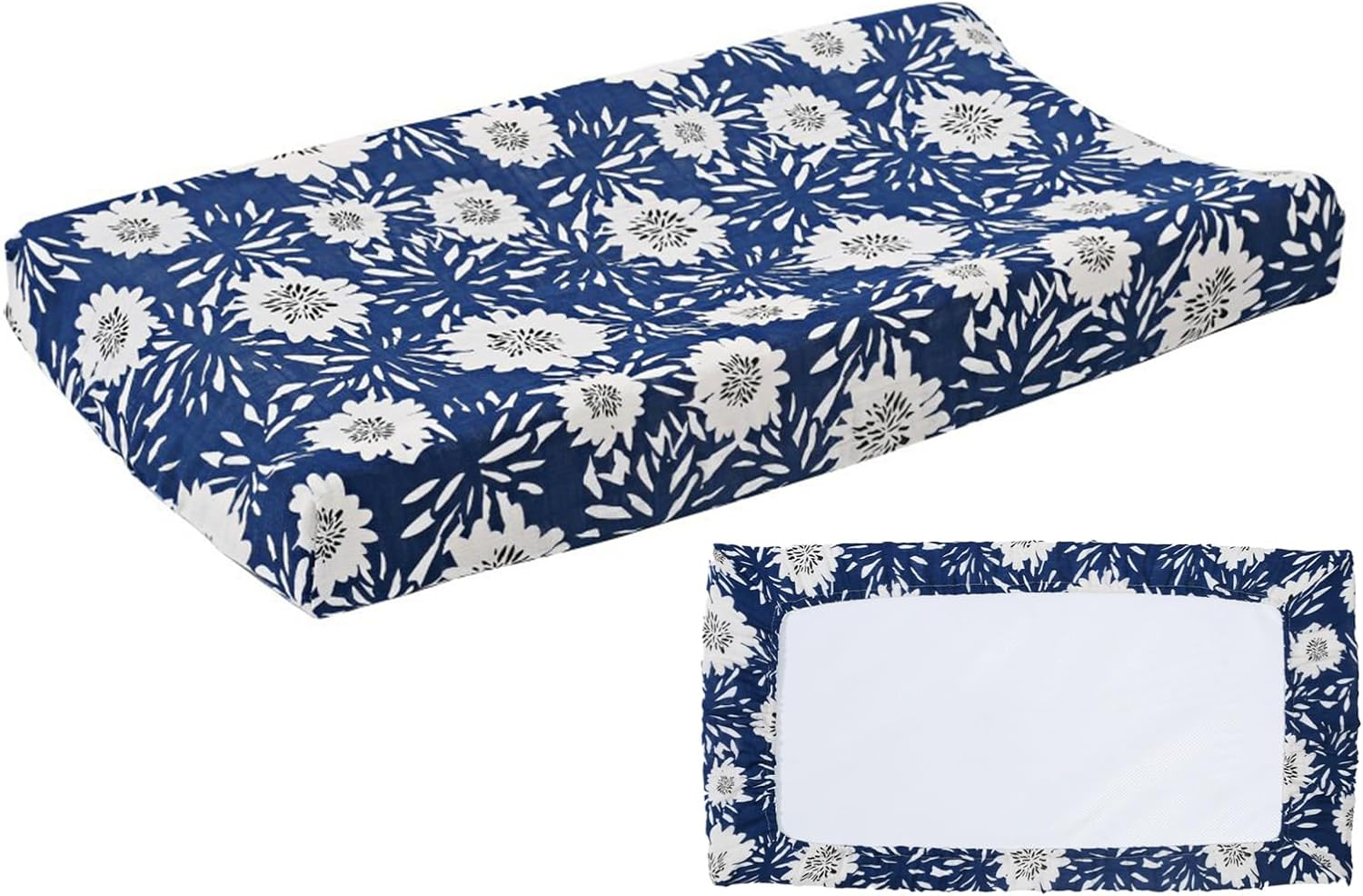 Baby Pad Cover - Soft Cotton Leaves, Breathable Cotton Nursery Leaves | Fitted Changing Table Cover, Stretchy Diaper Changing Pad, Tab Use - Navy Blue Background Flower image number 4