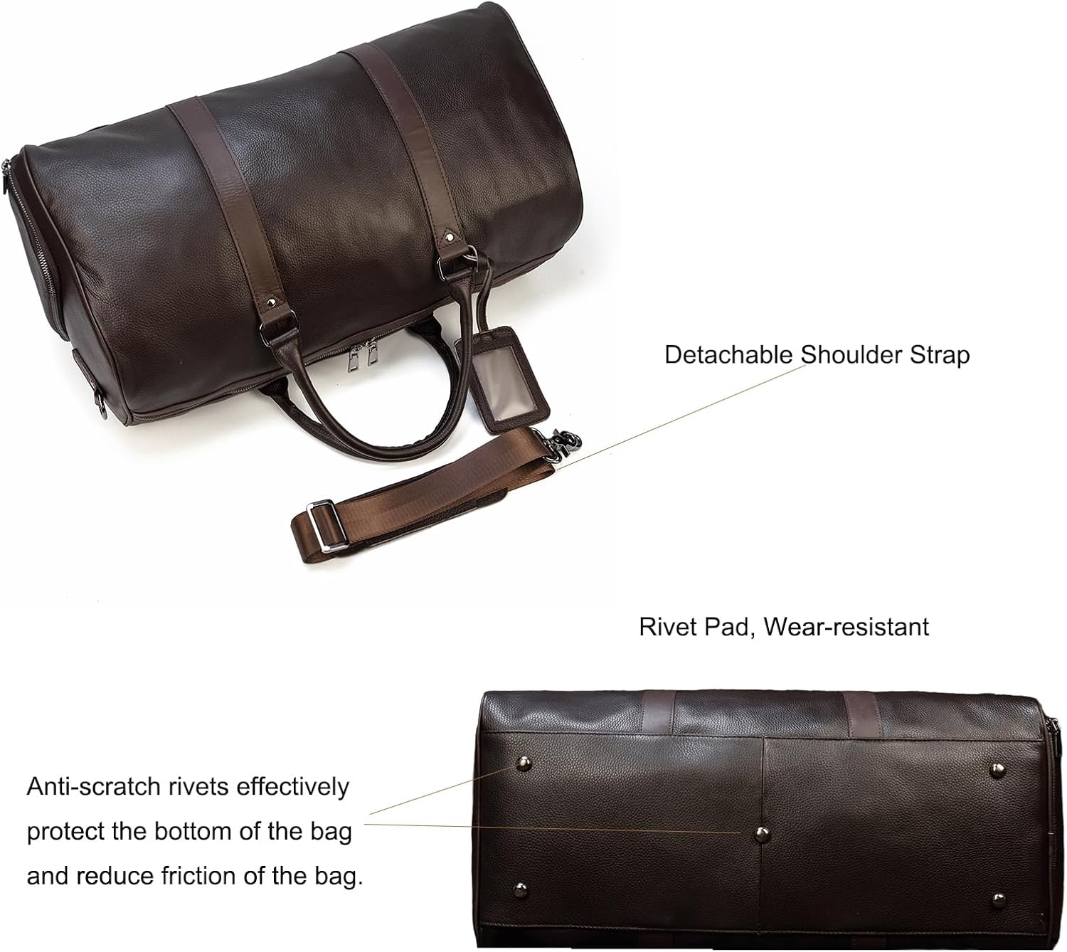 LUUFAN Leather Travel Bag Large Capacity Luggage Duffel Bag with Shoe Compartment, Men Women Weekend Shoulder Bag for Holiday Business Trip, 55Cm-Brown, Retro - 55Cm-Brown image number 3