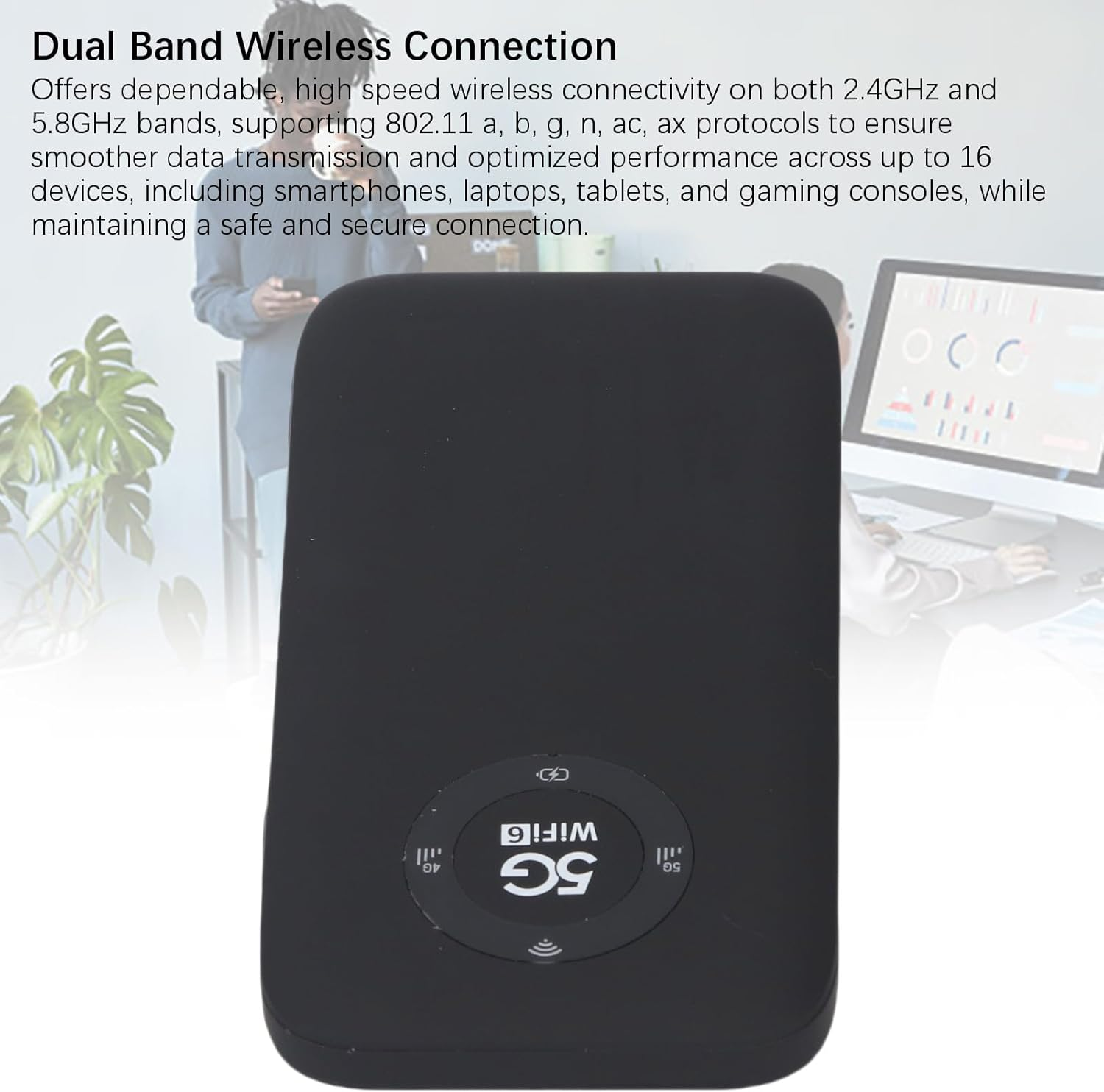 5G Mobile Hotspot, Wifi 6 Wireless Router with SIM Card Slot, 2.77Gbps DL 1.25Gbps UL, Band 5G Portable Travel Router for Home Travel Support 16 Users (Black) - Black image number 2