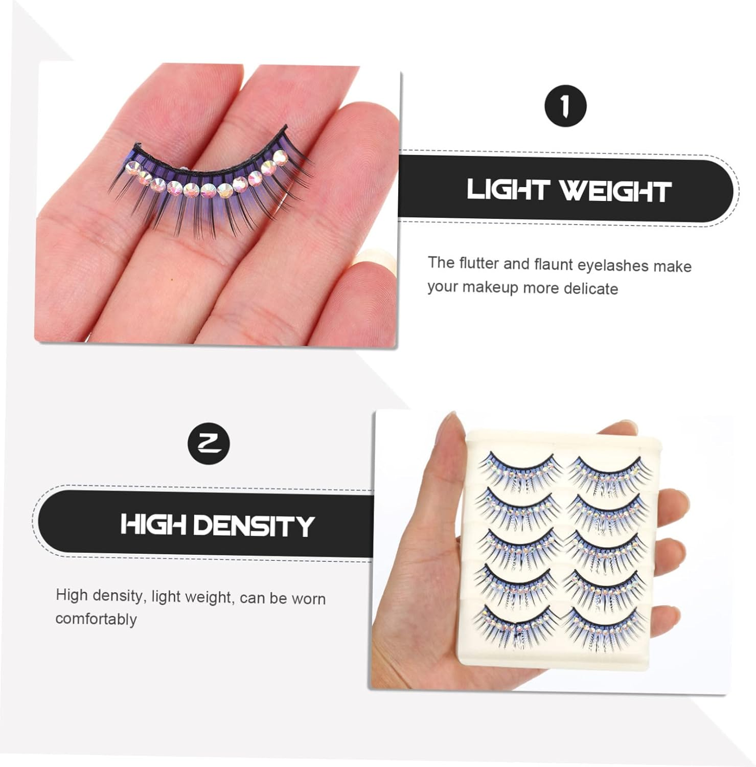 5 Pairs Blue Rhinestone Drama Stage False Eyelashes Dense Thick Costume Lashes for Women Latin Dance Party Makeup - Blue image number 4