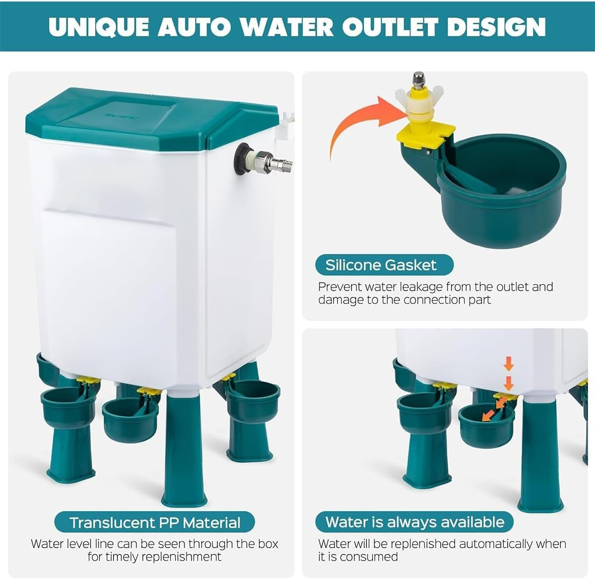 CLOUDSEASON Auto Chicken Feeder & Poultry Waterer with 145Cm Water Hose 8KG Feeder + 7L Waterer with Float Controlled No-Mess Design Portable for Chicken Coop (Green) image number 4