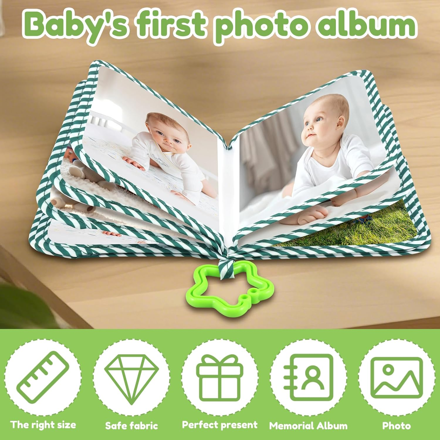 Baby'S My First Family Album,Soft Cloth Baby Photo Album with Safe Mirror,Cute Toddler Family Memory Book Present Holds 17 4X6'' Pictures for Kids Newborn Toddlers (Green)