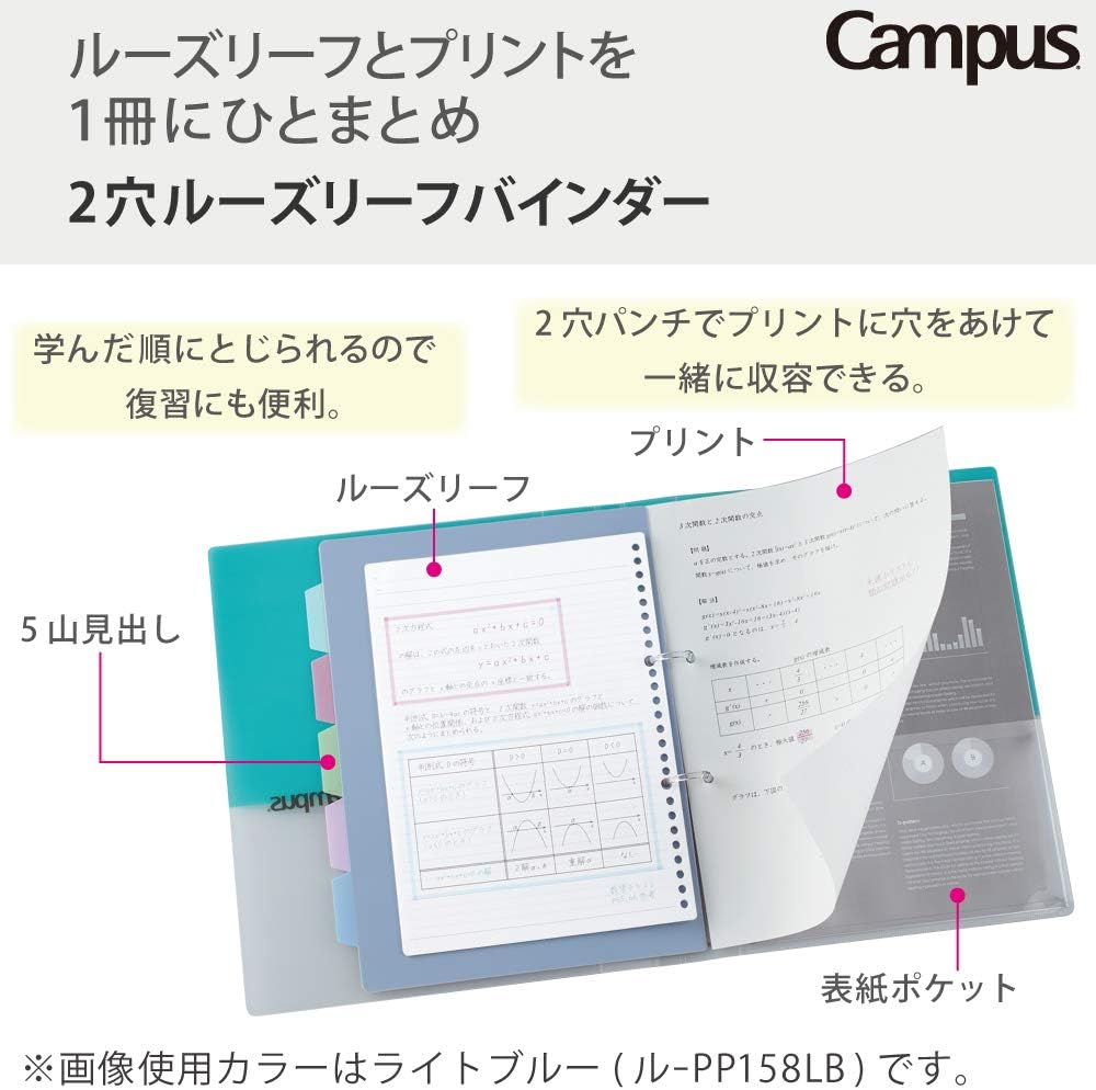 Kokuyo Campus 2-Ring Loose Leaf Binder, A4, 2 Holes, up to 100 Sheets, Light Blue, Japan Import (RU-PP158LB) image number 5