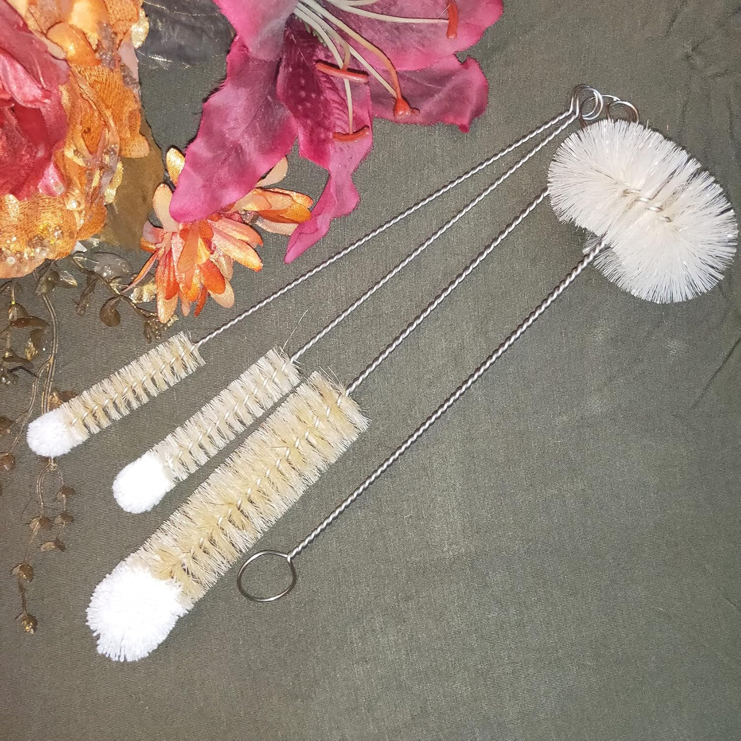 Coralpearl Bottle Brushes Thin Long Handle X 4, Skinny Wire Cleaner Set in Stainless Steel with Natural Boar Bristle at Wool Tip, Bendable Flexible for Cleaning Narrow Neck Bottles, Pipe, Tube, Hose image number 5