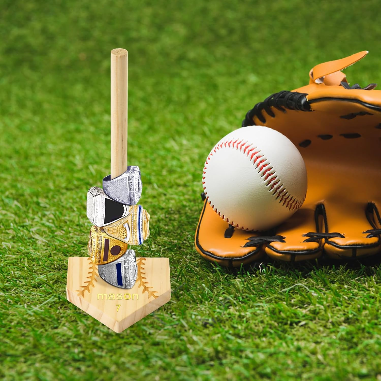 Baseball Wooden Ring Holder, Custom-Built Name & Number Decorative Softball Ring Stand Sturdy Championship Ring Display Holder Storage Organizer Birthday Gift for Kids Teens Adults image number 2