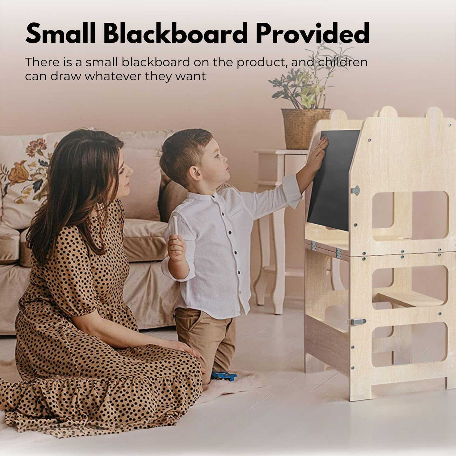 Ekkio Folding Kitchen Kids Step Stool with Chalkboard Non-Slip Design, Versatile Use, Easy Assemble, Lightweight (Wood)
