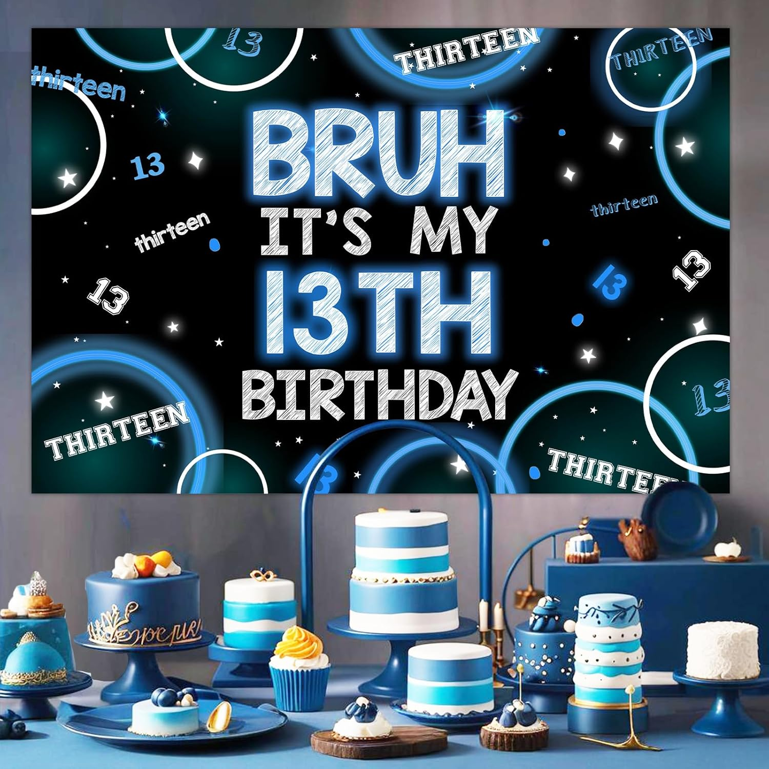 Wonmelody Bruh Its My Birthday Decor for Boy 5 * 3Ft Bruh It'S My 13Th Birthday Backdrop Banner Bruh I'M 13 Teens Birthday Party Decor It&rsquo;S My Birthday Banner Blue Black Teenager 13Th Birthday Party image number 3