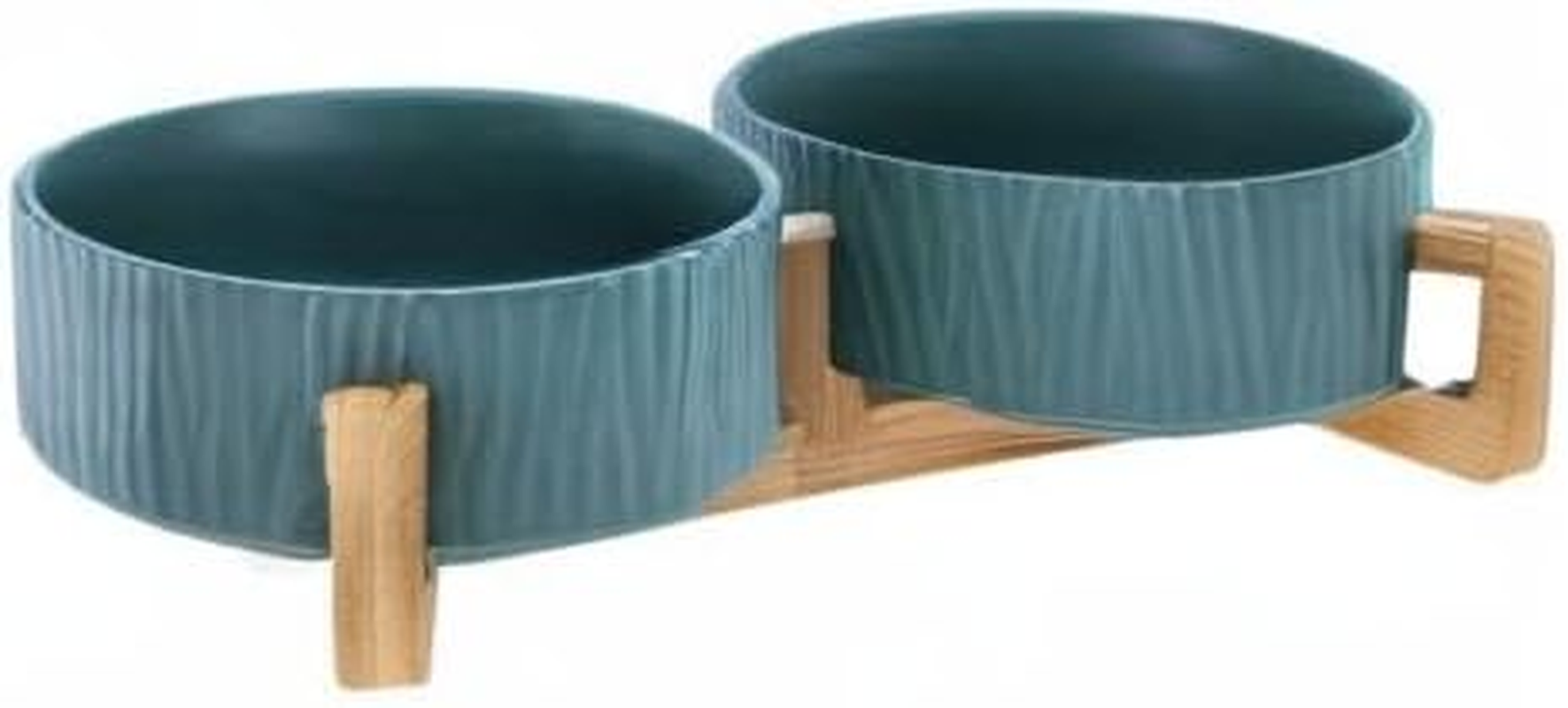 Green Ceramic Cat Dog Bowl Dish with Wood Stand No Spill Pet Food Water Feeder Cats Dogs Set of 2