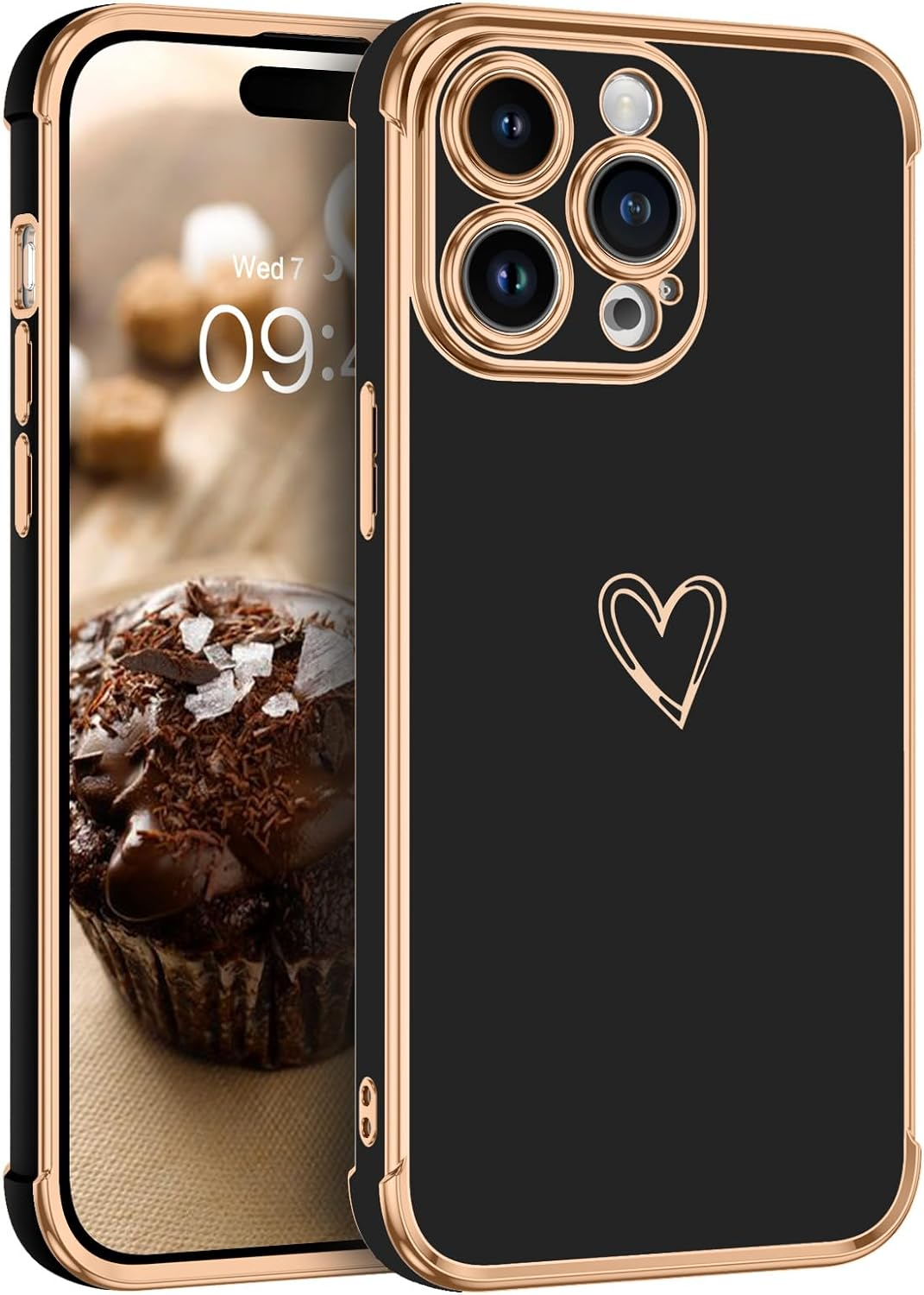 GUAGUA for Iphone 15 Pro Max Case, Luxury Bumper Case Iphone 15 Pro Max Case Cute Heart Pattern Cover for Women Camera Protection & 4 Corners Shockproof Protection Phone Cover Black image number 6