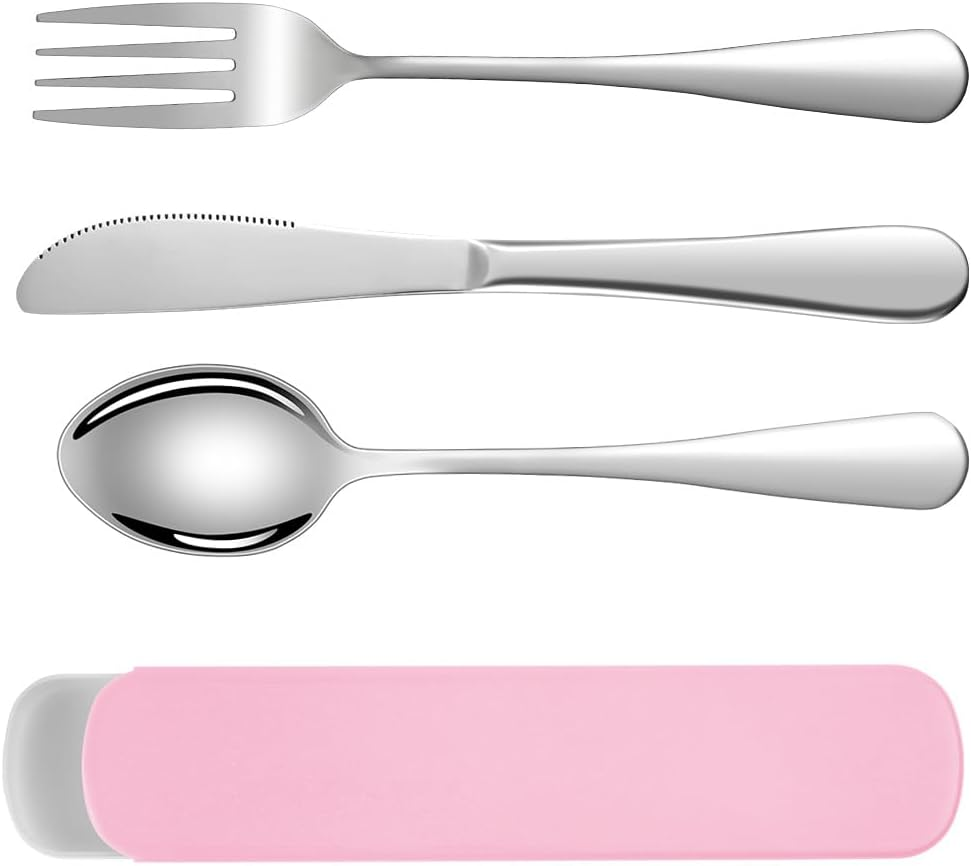 HOTUT Camping Cutlery Set, 3 Pieces Reusable Utensils Set, Portable Stainless Steel Cutlery with Plastic Box, Portable Kitchenware for Outdoor Travel Picnic Office School Lunch Box - Pink