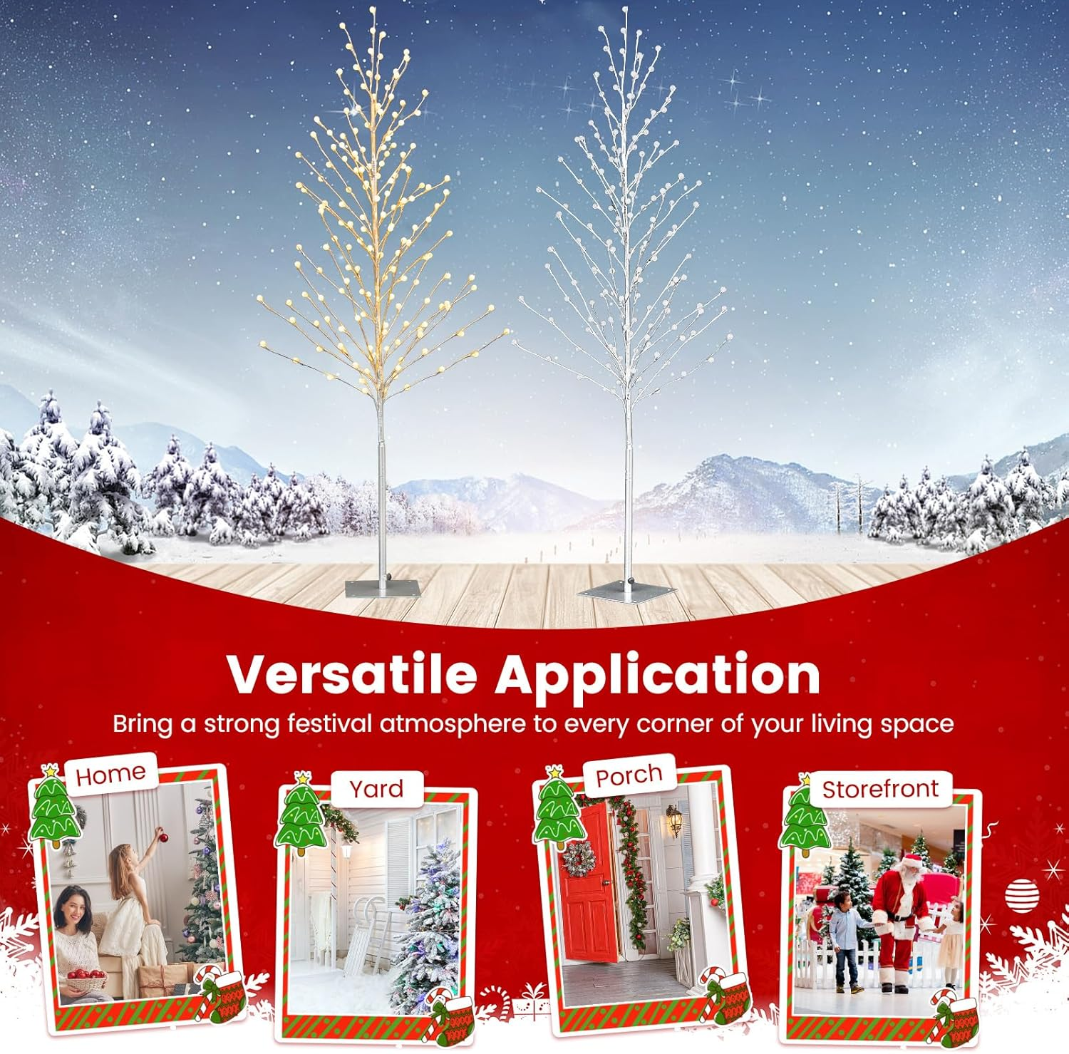 Costway 155 CM Lighted Birch Tree, Artificial Christmas Twig Tree with 168 Warm-White LED Lights, Metal Stakes, Indoor & Outdoor Christmas Holiday Party Decor, Xmas Birch Tree for Porch Home Store image number 2