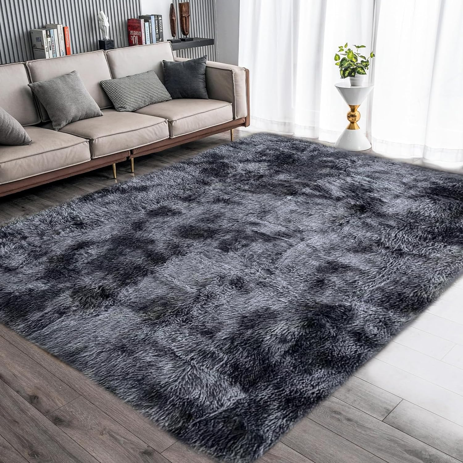 Area Rugs Soft Shaggy Comfy and Fluffy Rug for Living Room Bedroom Kids Room Nursery Modern Carpet Indoor Floor Mat Anti-Skid Rugs Home Decor (Black Grey,120X160Cm) image number 2