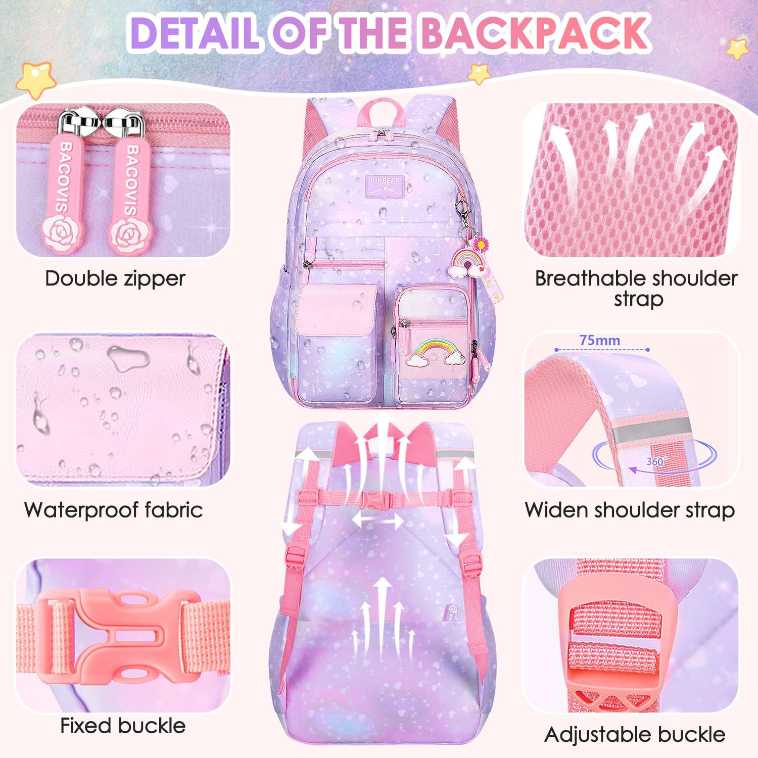 AUTOWT Backpack for Girls &ndash; Kids Backpack with Lunch Box and Pencil Pouch - Waterproof School Bag for Teen Girl Kid Students Elementary Middle School, Kids' School Bag - Pink image number 7