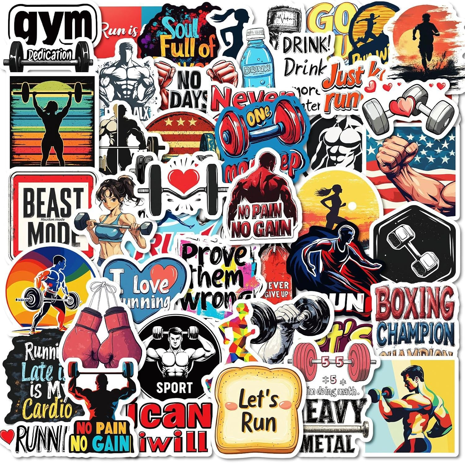 50Pcs Fitness Stickers, Waterproof Vinyl Decal for Kids Girl Teen Adult Student Water Bottle Laptop Phone Computer Skateboard Luggage Notebook Scrapbook Helmet (Boxing Sport)