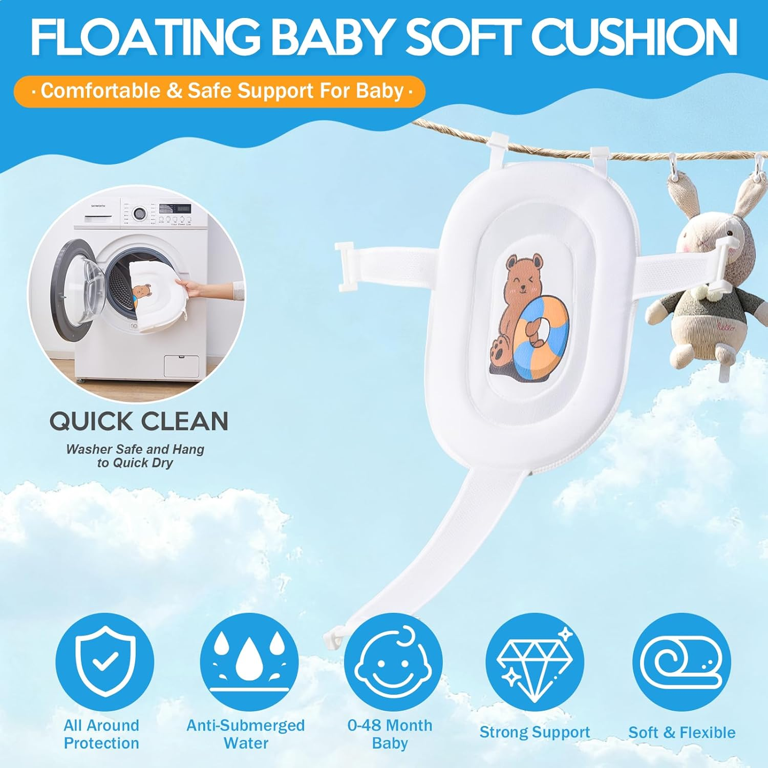 Collapsible Baby Bathtub for Newborn to Toddler,Durable Essential Grooming Infant Shower Tub,Portable Travel Baby Tub with Soft Cushion,No-Slip Hanging and Detachable image number 2