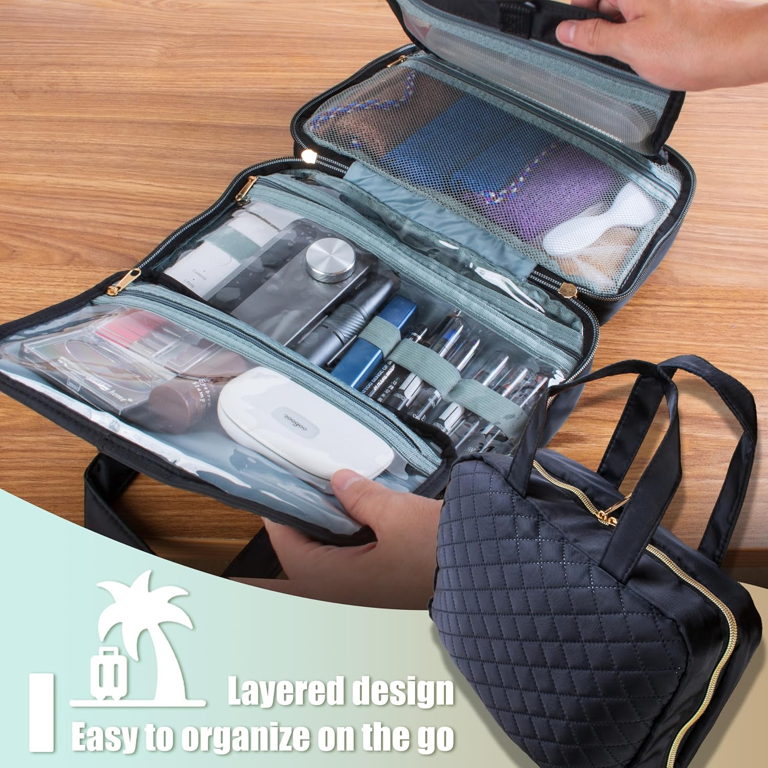 Pinkiou Travel Cosmetic Bag, Hanging Toiletry Bag with Sturdy Hook, Wall Hanging, Waterproof Toiletry Bag with Large Capacity for Women, Men, Travel Utensils, Storage Bag, Black