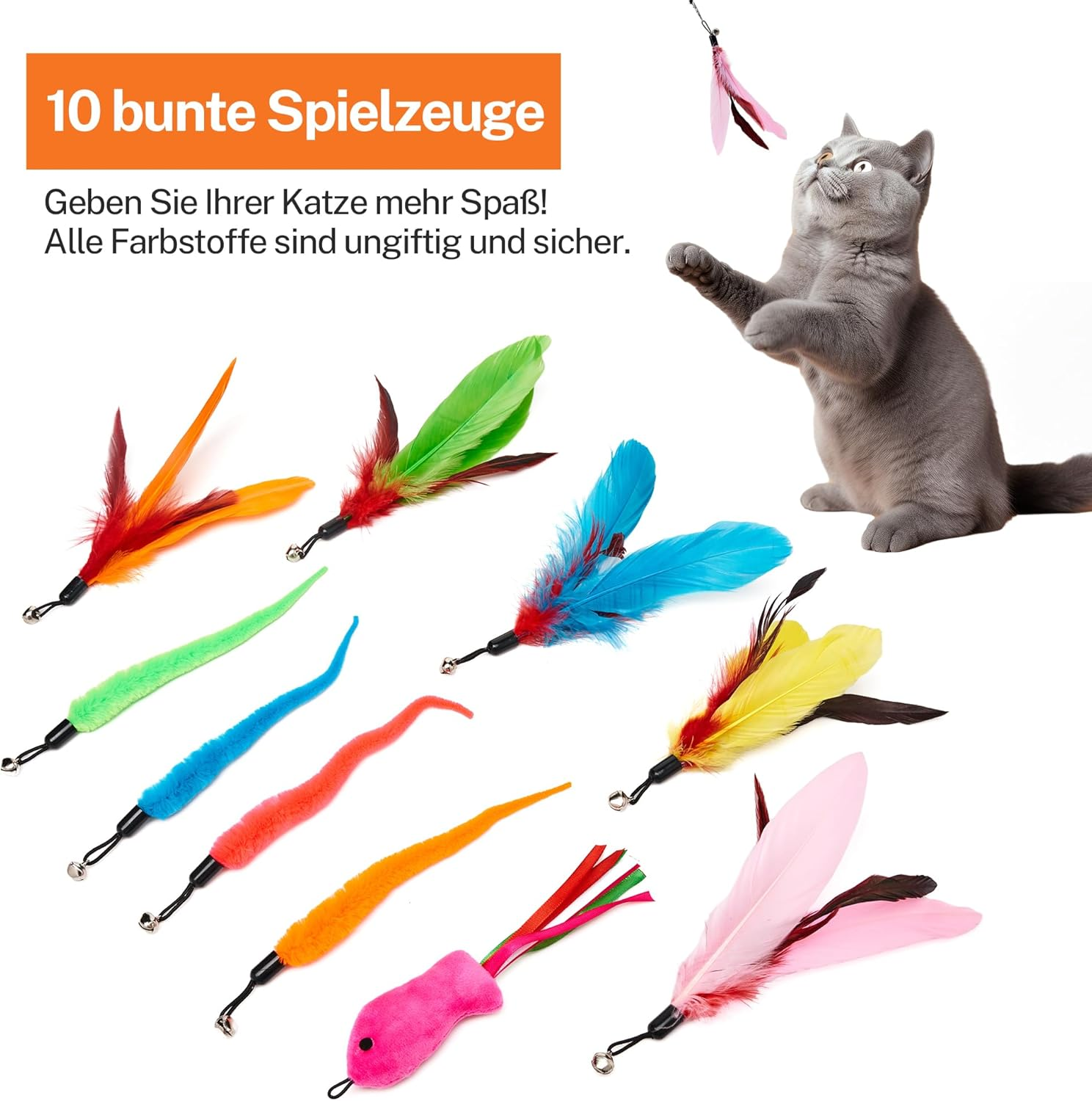 Toozey Cat Toy 12 Pieces, Cat Fishing Rod with 2 Pieces Retractable 10 Cat Toy Replacement Feathers, Cat Toy Self-Employment with Feather/Bug/Fish Bell, Interactive Cat Toy Set image number 1